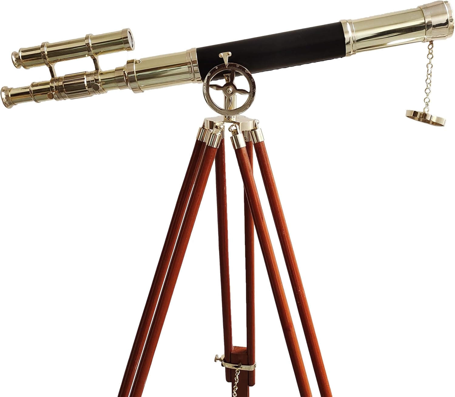 Navy Vintage Telescope with Brass Finish and Wooden Tripod