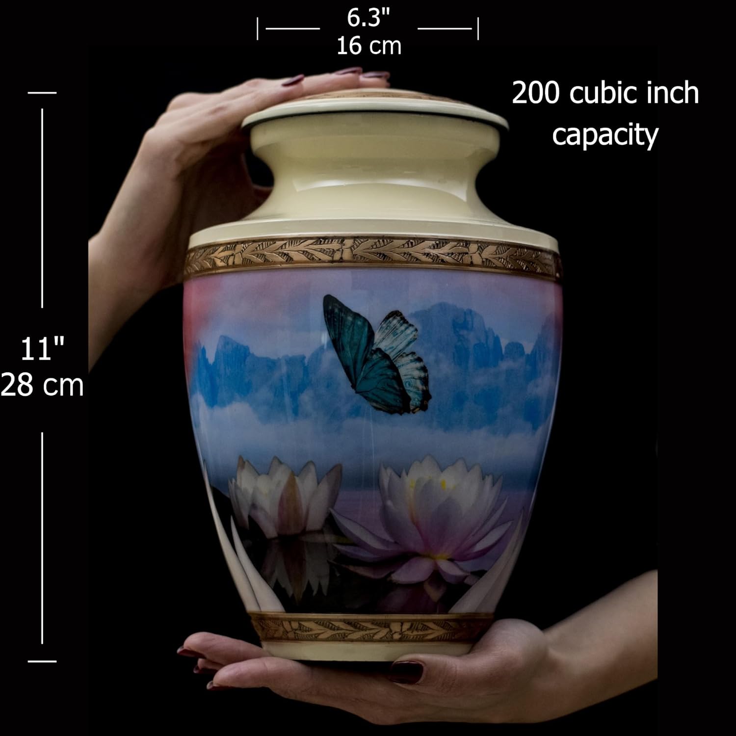 Women Butterfly Urn for Ashes 200 Cubic Inches Cream Metal Flower Design Velvet Bag Anti-Scratch Felt Bottom