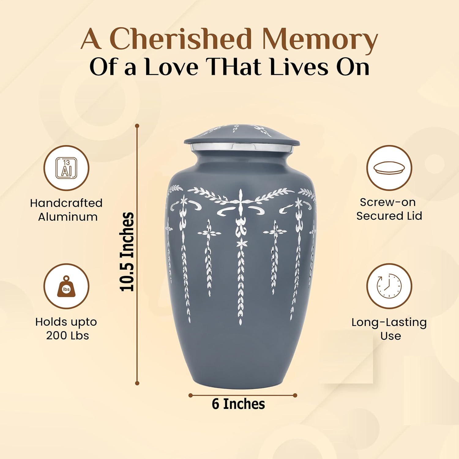Decorative Cremation Urn for Human Ashes - Hand Engraved Grey Urn