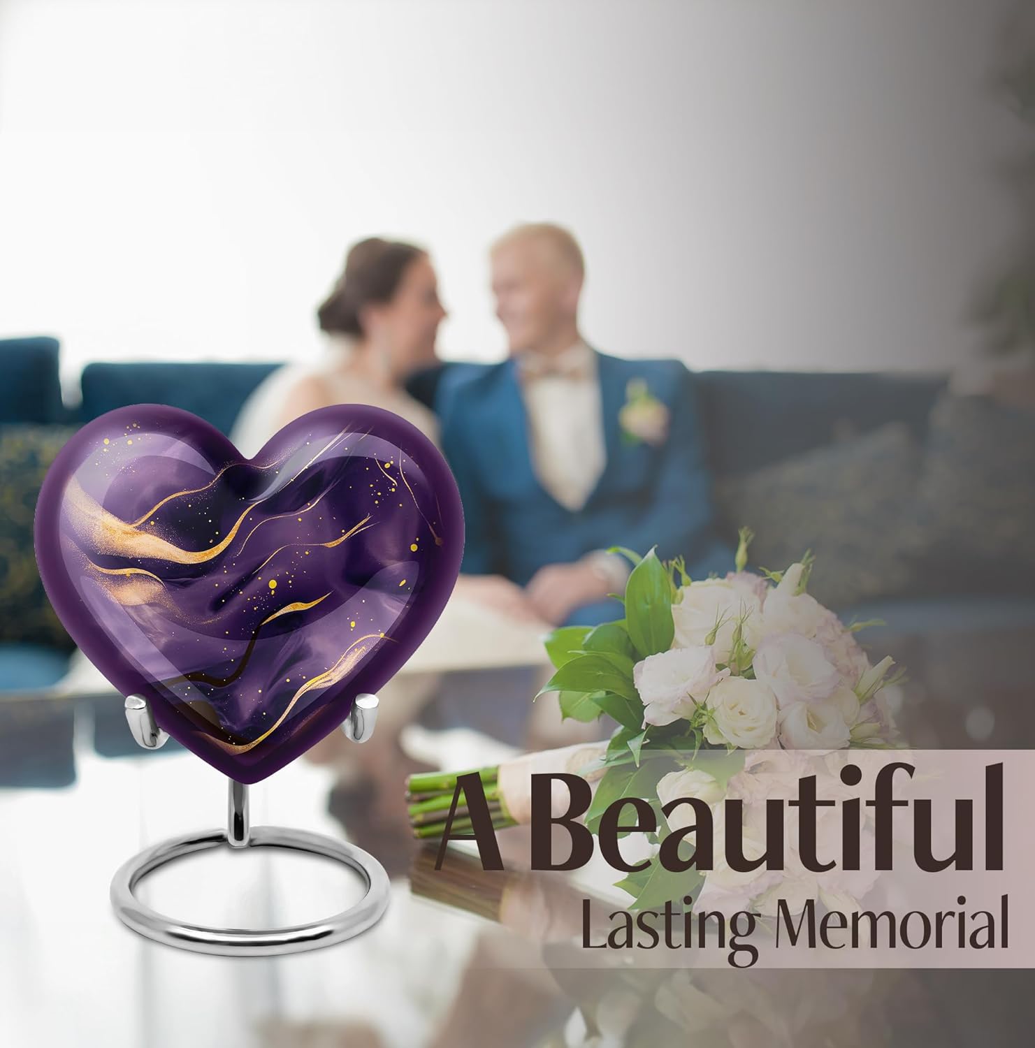 Dark Purple and Gold Design Large Urn for Ashes - 10 Inch 200Lbs and 3 Inch 4 Keepsake Urns Set