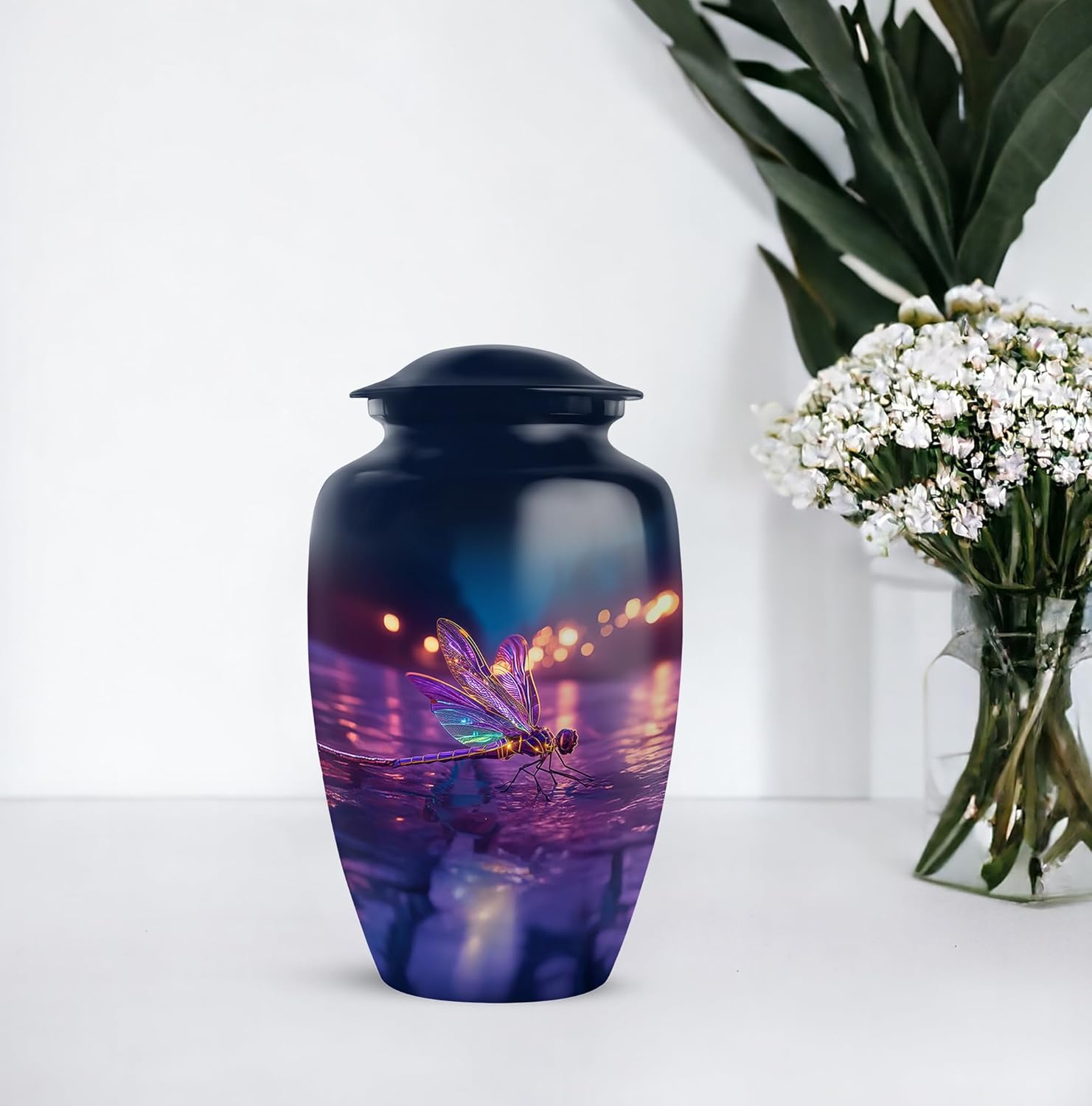 Dragonfly Memorial Urn for Adult Human Ashes Handcrafted Blue Purple Urn for Mom Dad 10 Inch
