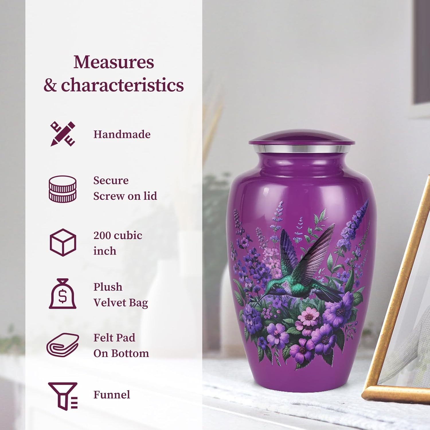 Suruim Purple Hummingbird Urns for Human Ashes - Large Size Adult Female Keepsake for Mom or Mother