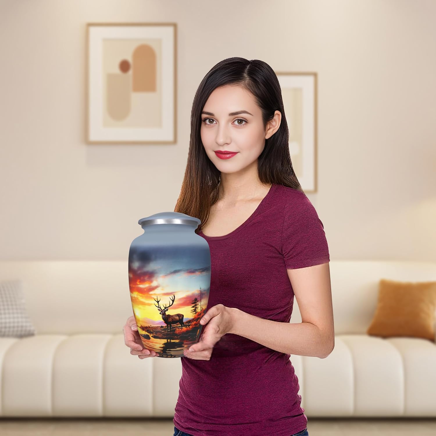 M MEILINXU Decorative Urn with Deer Design Forest and Grey Sky - Full Size