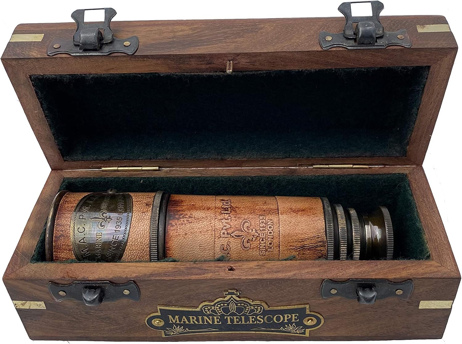 14 Inch Brass Spyglass with Wooden Box - Nautical Pirate Scope for Collectors