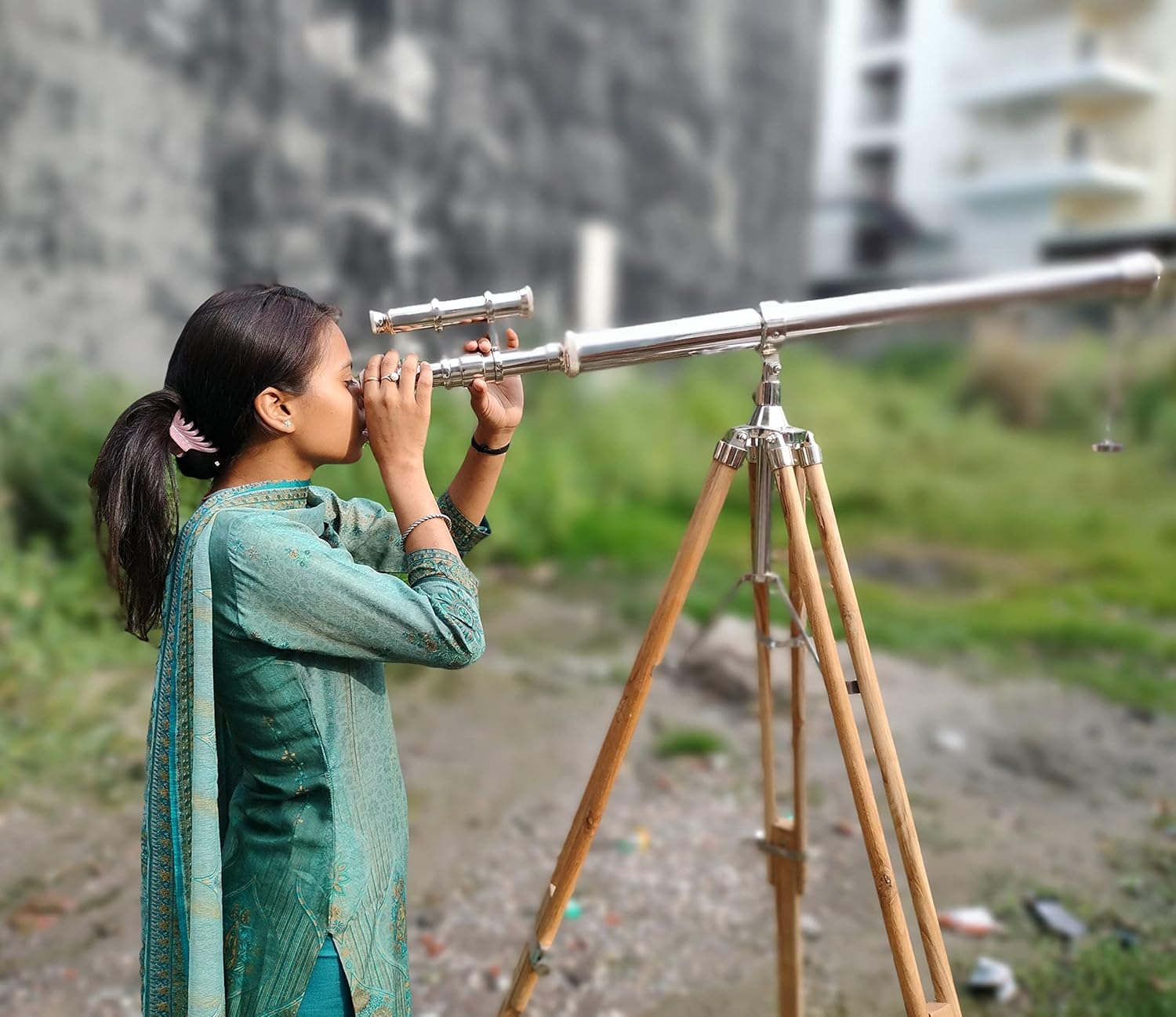 Vintage Maritime Double Barrel Telescope 64x Silver Brass with Wooden Tripod