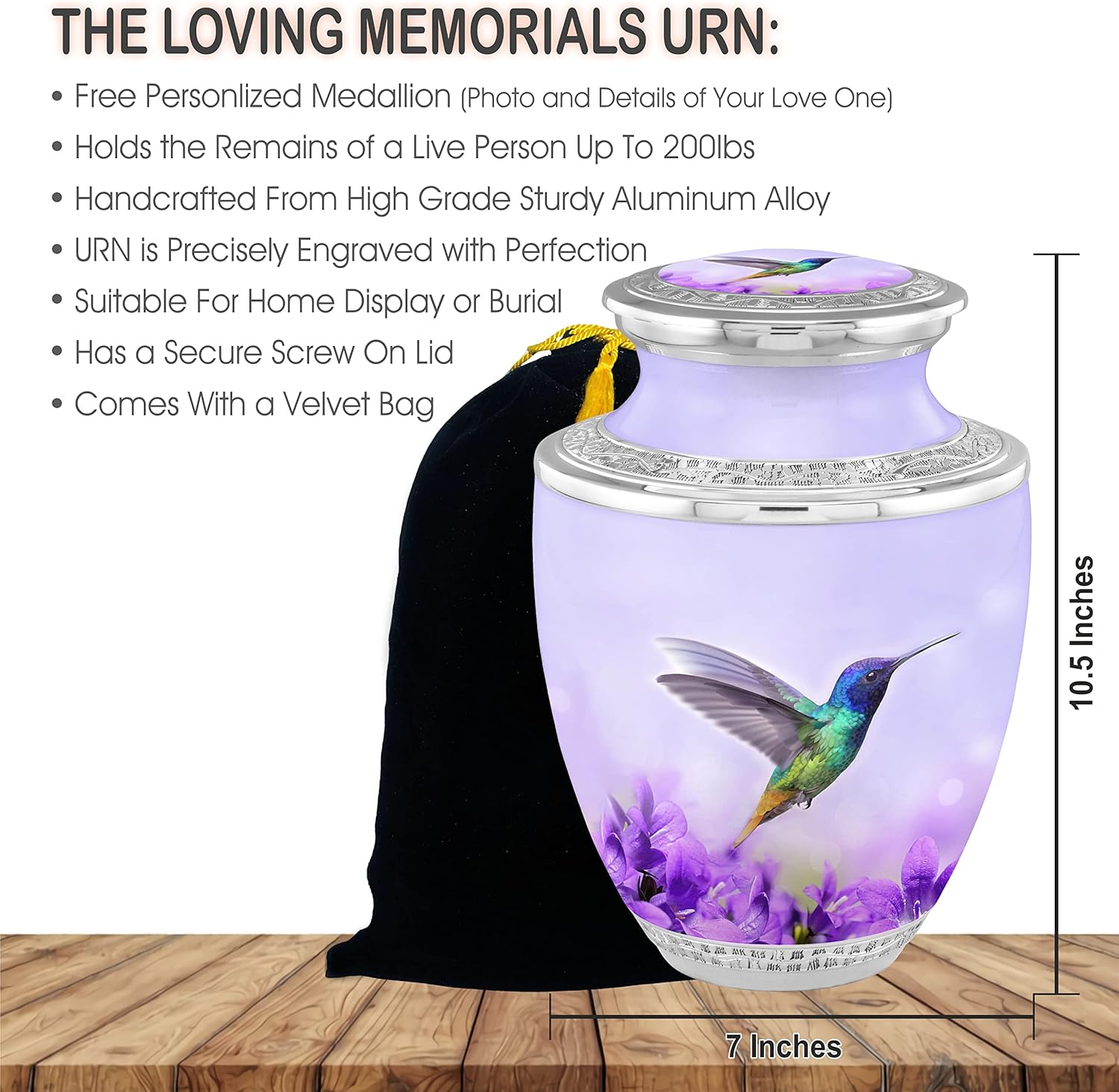 Personalized Hummingbird Flower Cremation Urns for Adult Ashes - 200lbs Capacity Handcrafted Urn with Velvet Bag