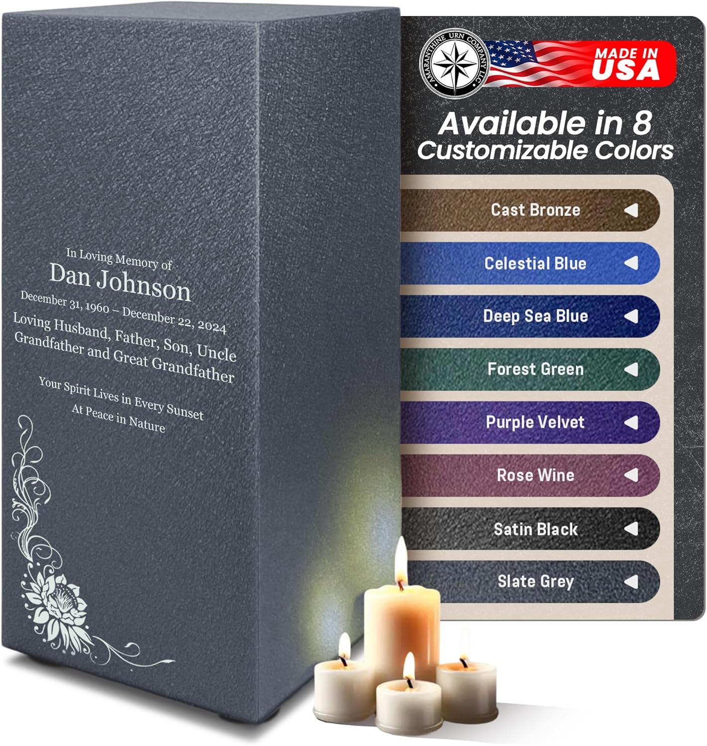 Amaranthine Urn Decorative Cremation Urn for Human Ashes - Customizable Text Color and Base 1