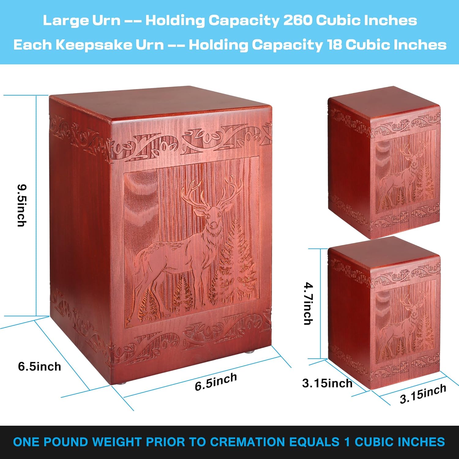 Wooden Cremation Urn for Human Handmade Engraved Deer Decorative Box