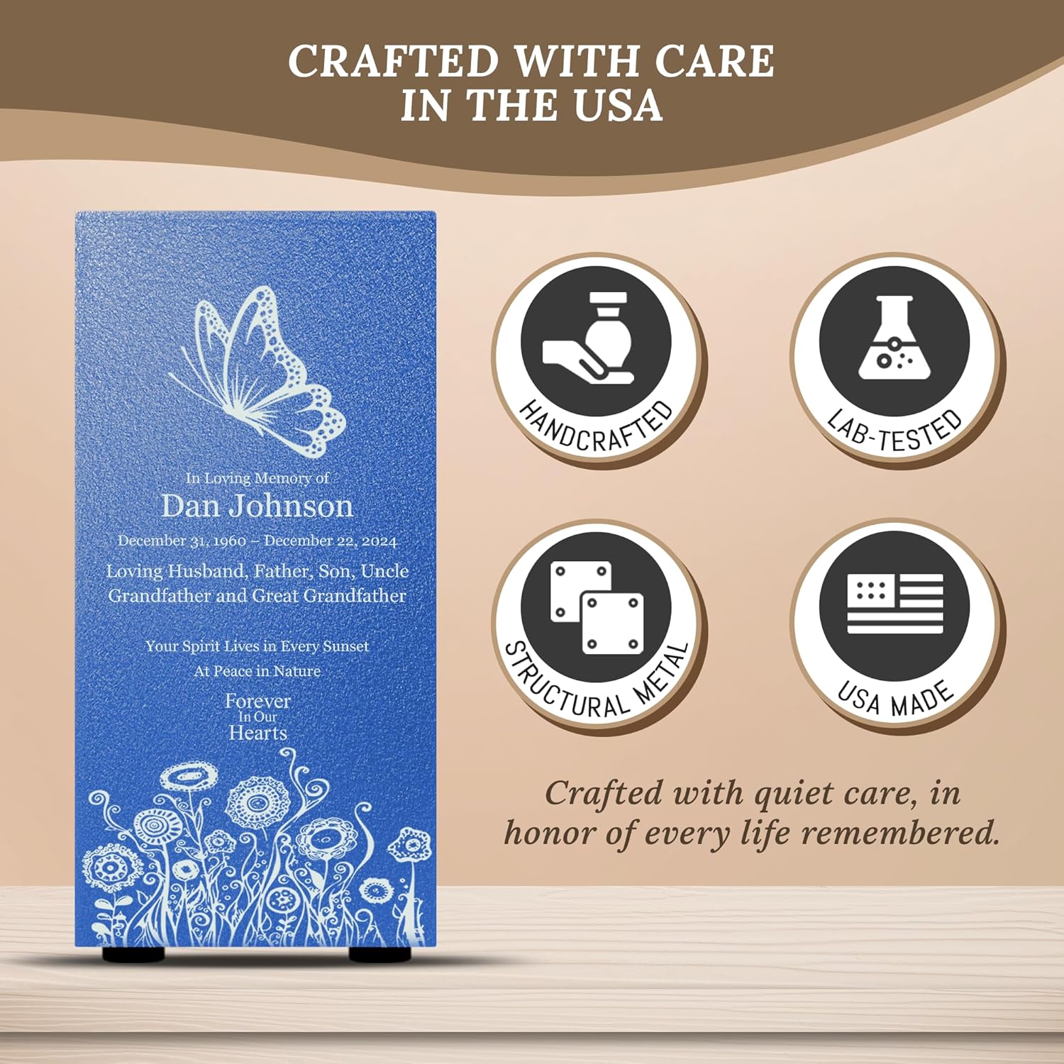 Amaranthine Urn Decorative Cremation Urn - Customizable Text Color Base Wildflower Butterfly No Base Made in USA