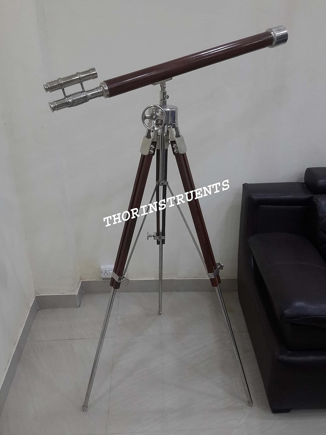 Vintage Nautical Brass Telescope with Wooden Tripod Stand