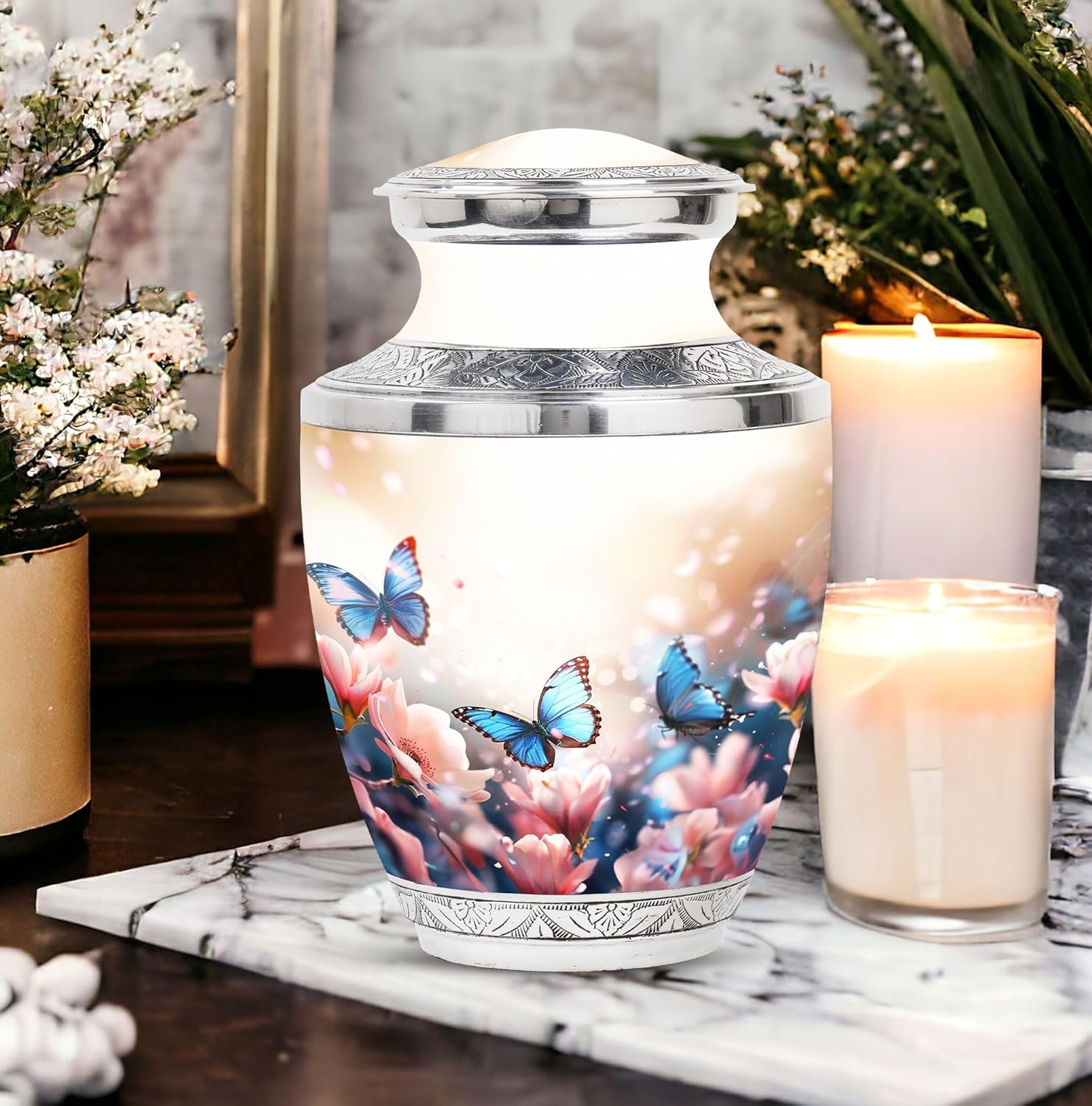 Butterflies in Blossoms Decorative Urns Set - 10 Inch Funeral Urn with 2 Mini Keepsake Urns