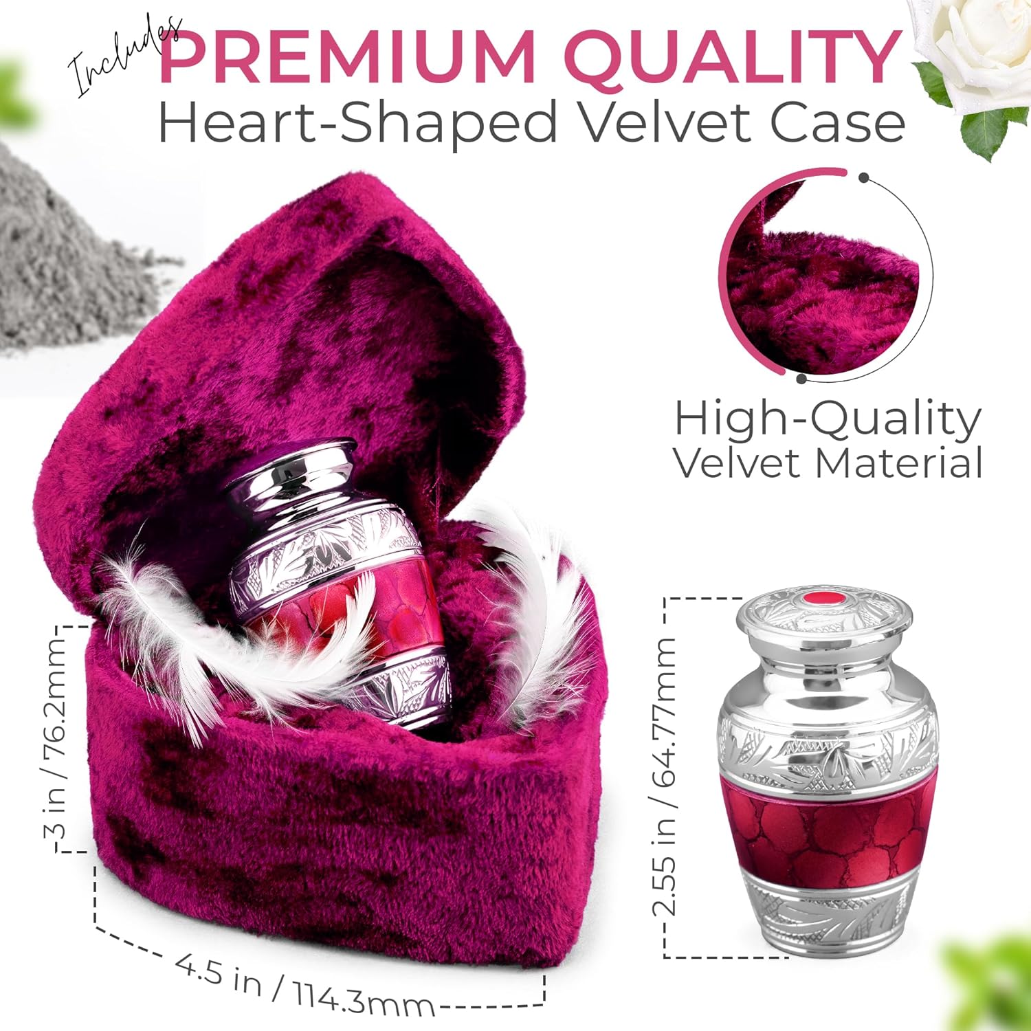 INTAJ Red Brass Keepsake Urn 3 Inch Mini Cremation Urn with Heart Box Sympathy Gift