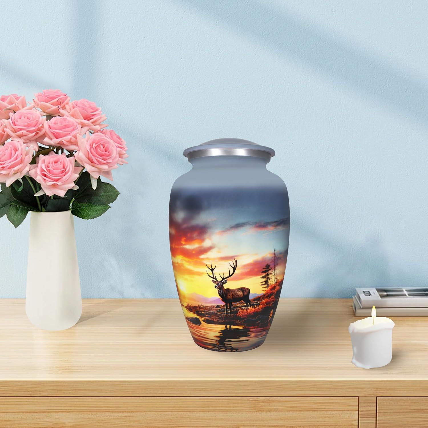 M MEILINXU Decorative Urn with Deer Design Forest and Grey Sky - Full Size