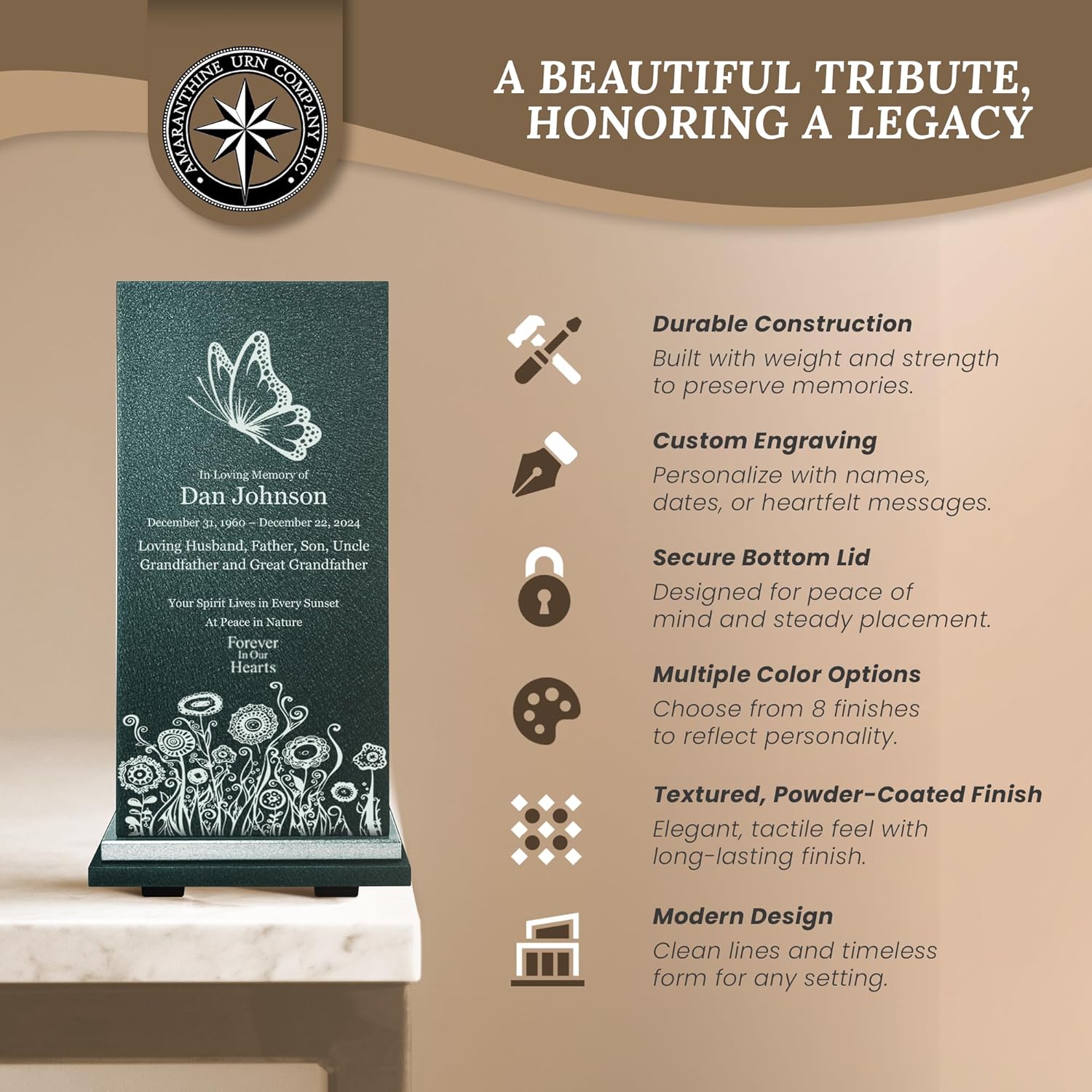 Amaranthine Urn Decorative Cremation Urn - Customizable Text Color Base Wildflower Butterfly No Base Made in USA