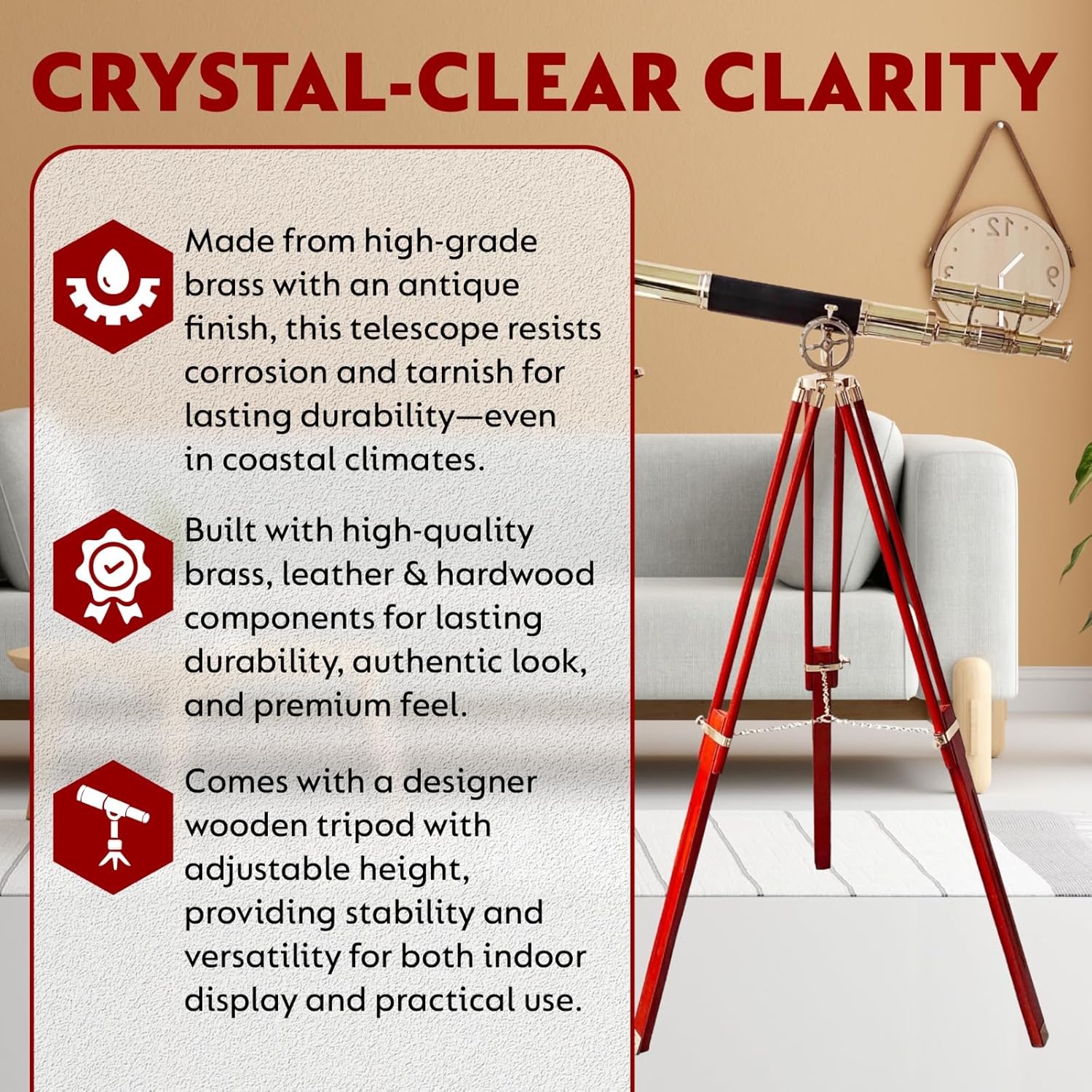 Navy Vintage Telescope with Brass Finish and Wooden Tripod