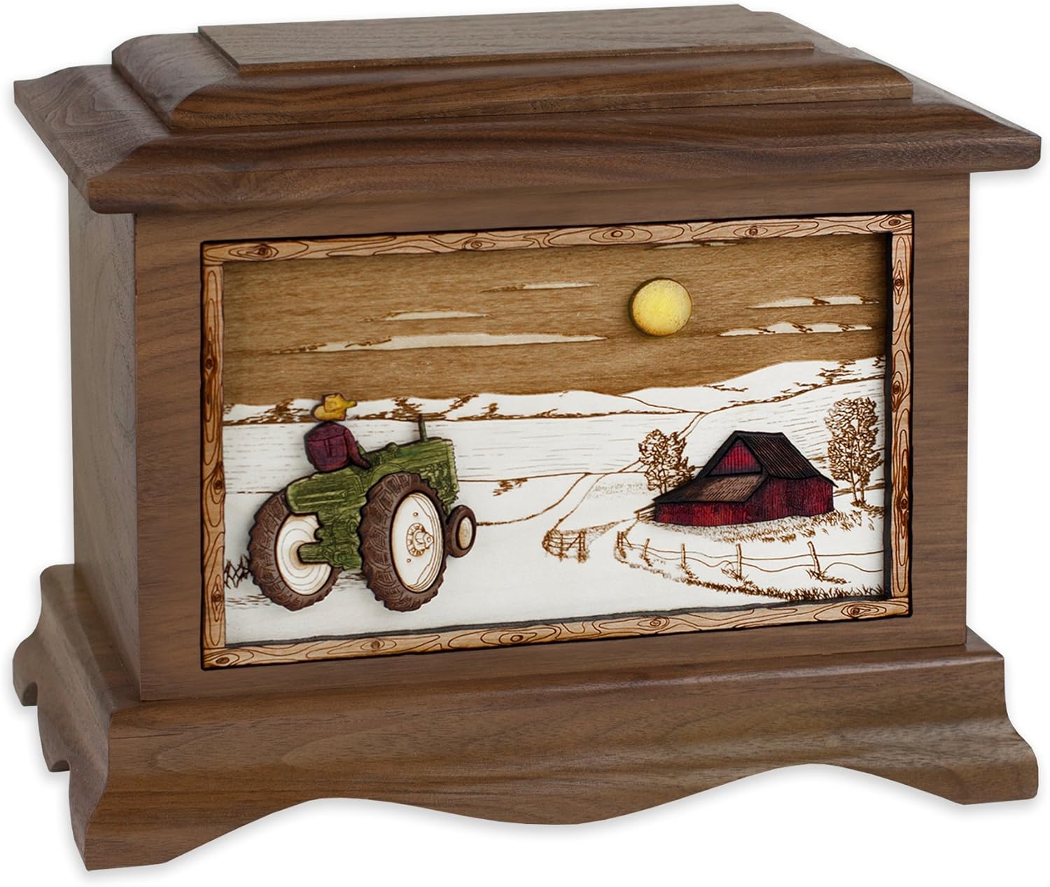 Wooden Cremation Urn - Ambassador Shape Farm Tractor Barn 3D Inlay Memorial
