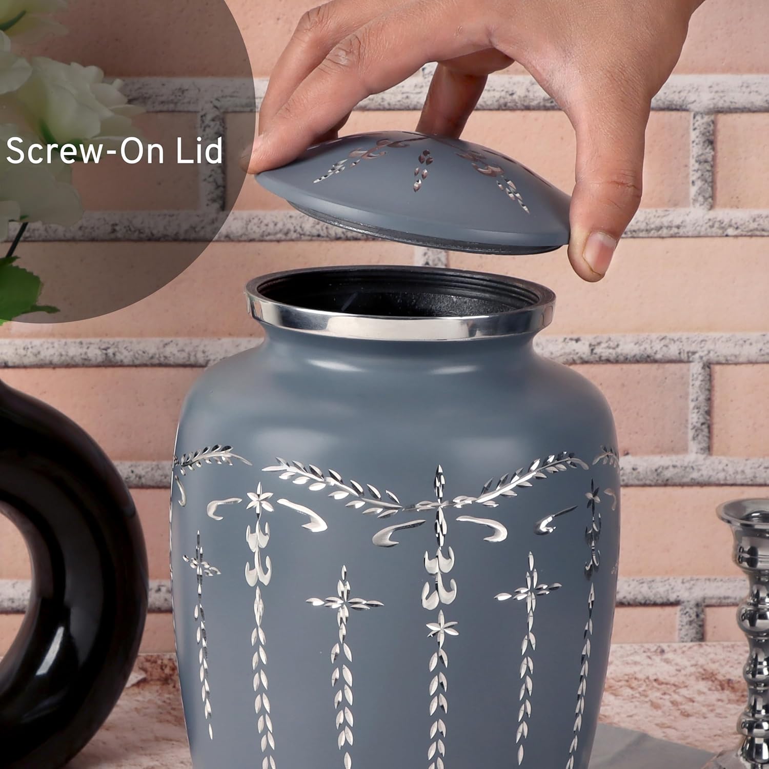 Decorative Cremation Urn for Human Ashes - Hand Engraved Grey Urn