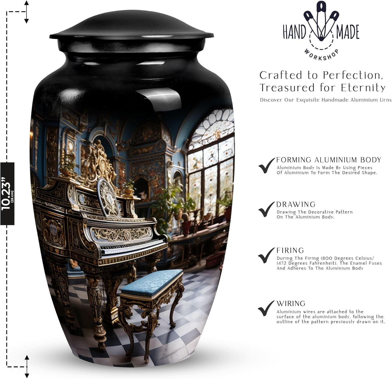 Piano Beautiful Look Cremation Urn 10 Inch Black Decorative Urn for Dad and Mom