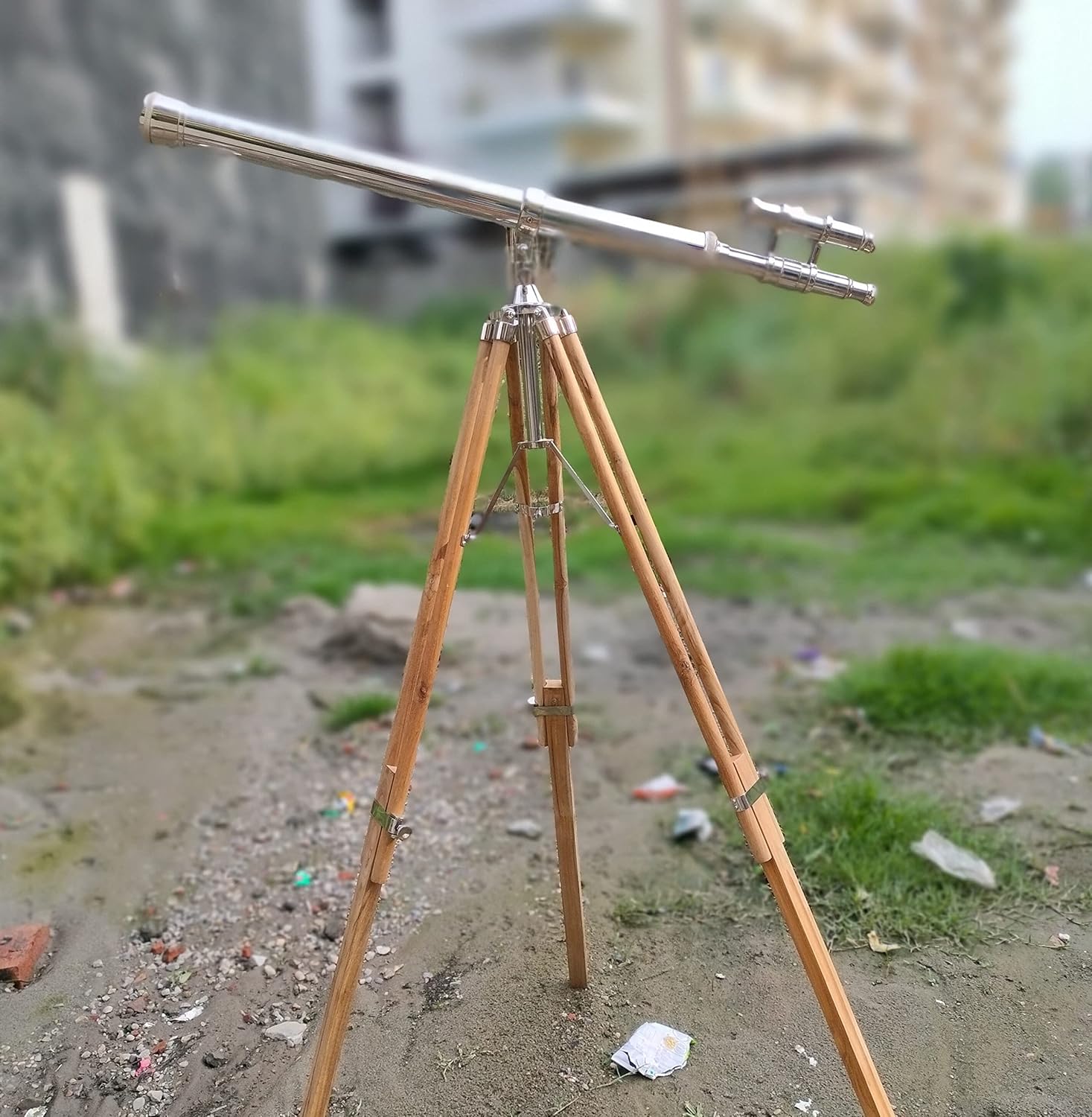 Vintage Maritime Double Barrel Telescope 64x Silver Brass with Wooden Tripod