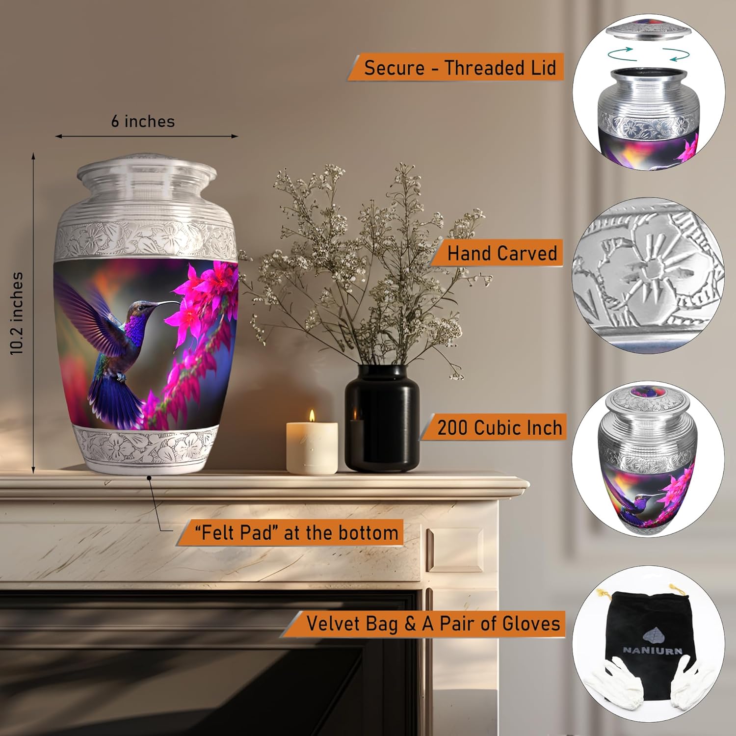 Naniurn Hummingbird Decorative Urn for Ashes Large Size