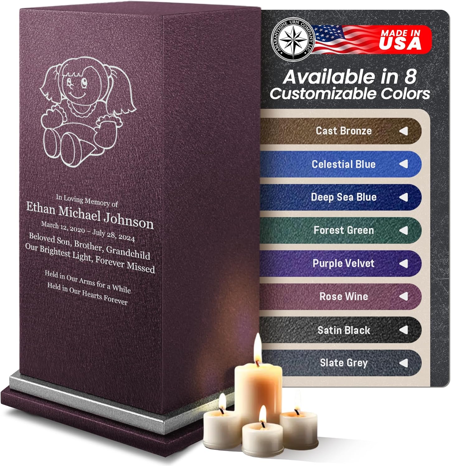 Amaranthine Urn Decorative Cremation Urn for Human Ashes - Customizable Text Color Base