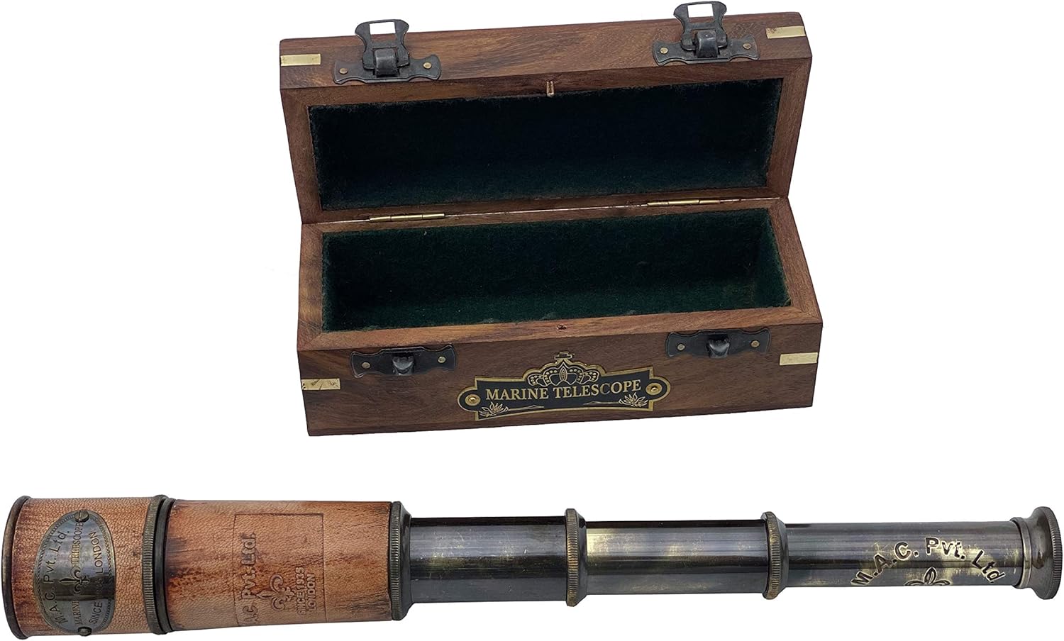 14 Inch Brass Spyglass with Wooden Box - Nautical Pirate Scope for Collectors