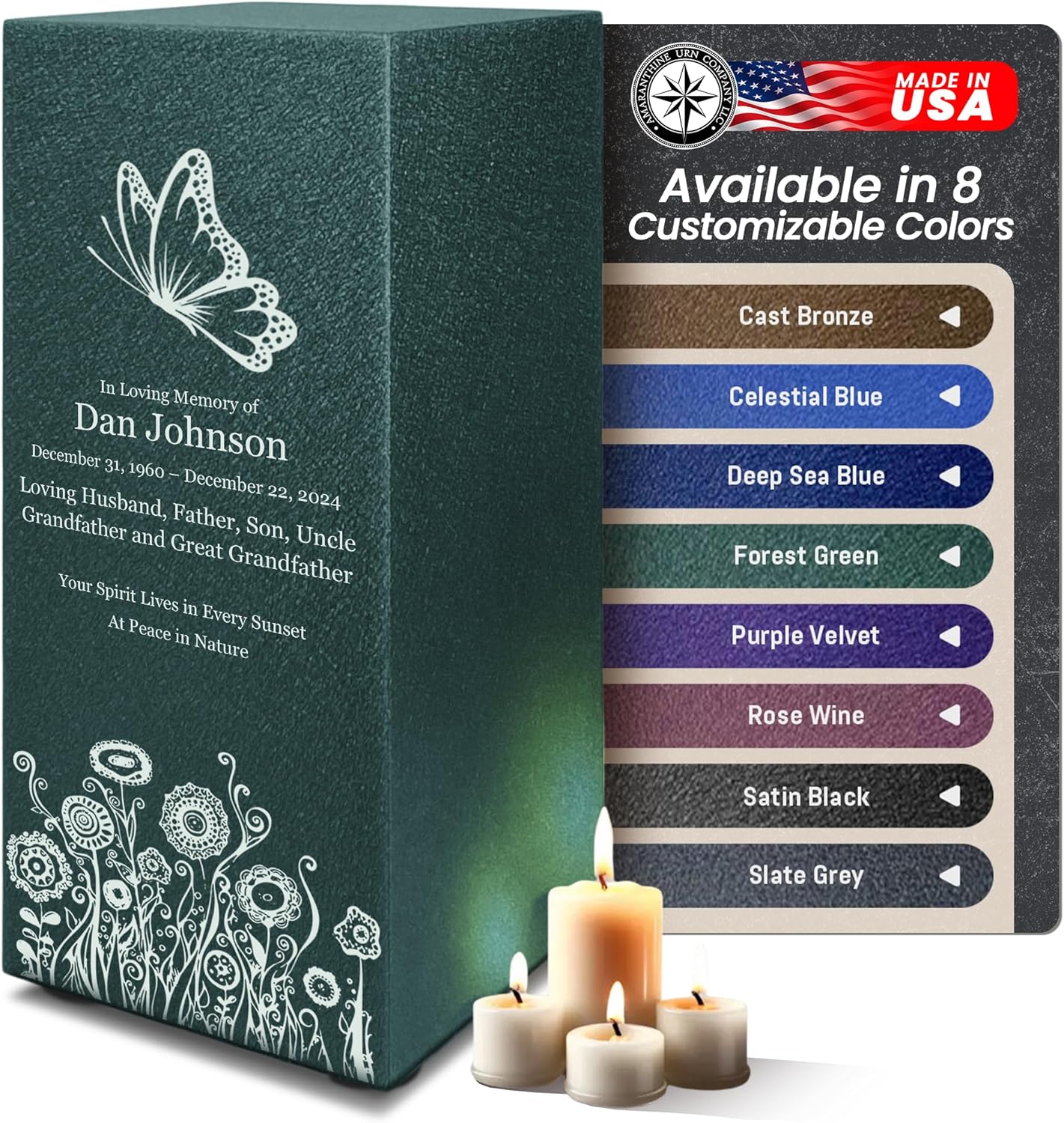 Amaranthine Urn Decorative Cremation Urn - Customizable Text Color Base Wildflower Butterfly No Base Made in USA