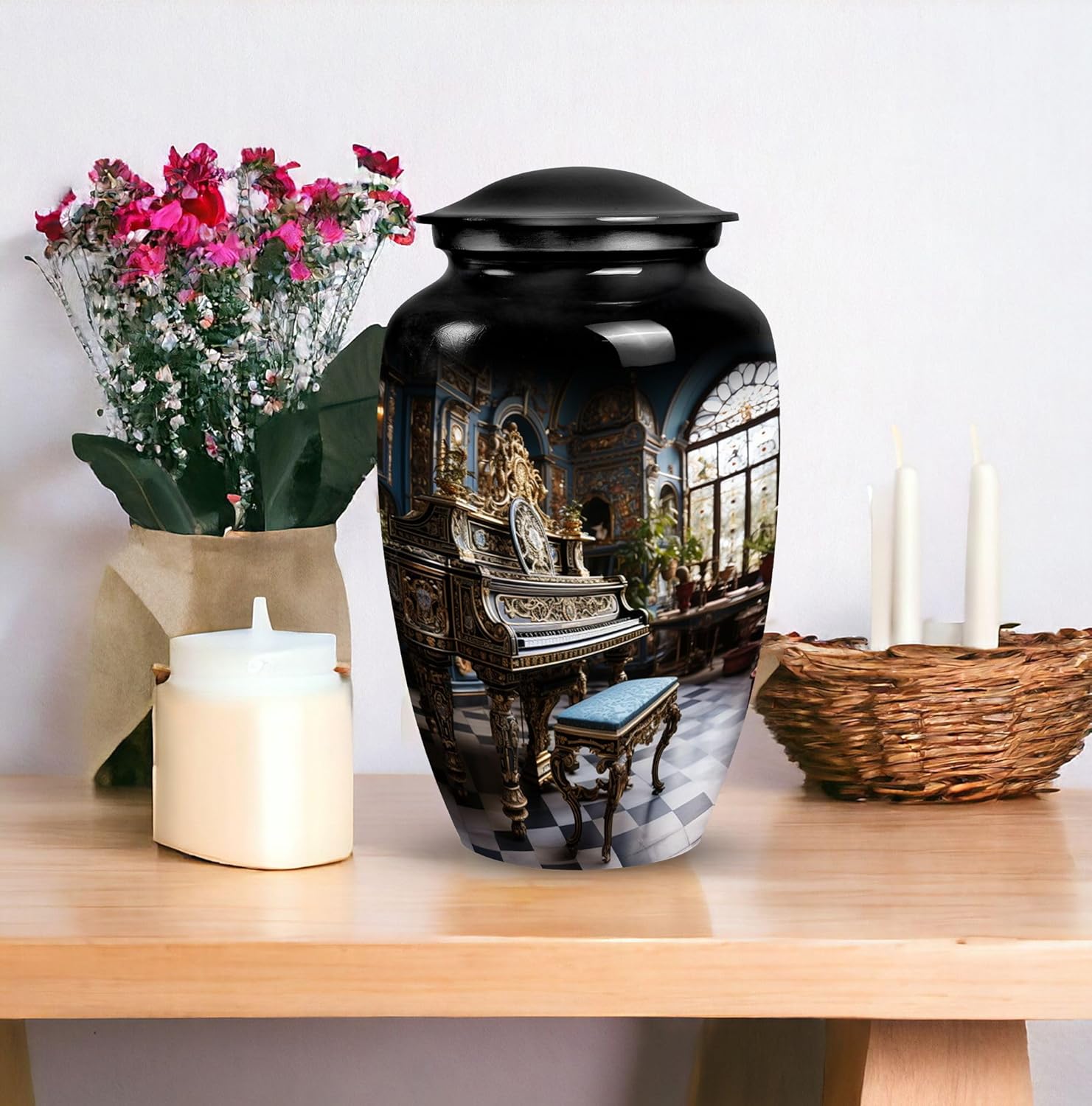 Piano Beautiful Look Cremation Urn 10 Inch Black Decorative Urn for Dad and Mom