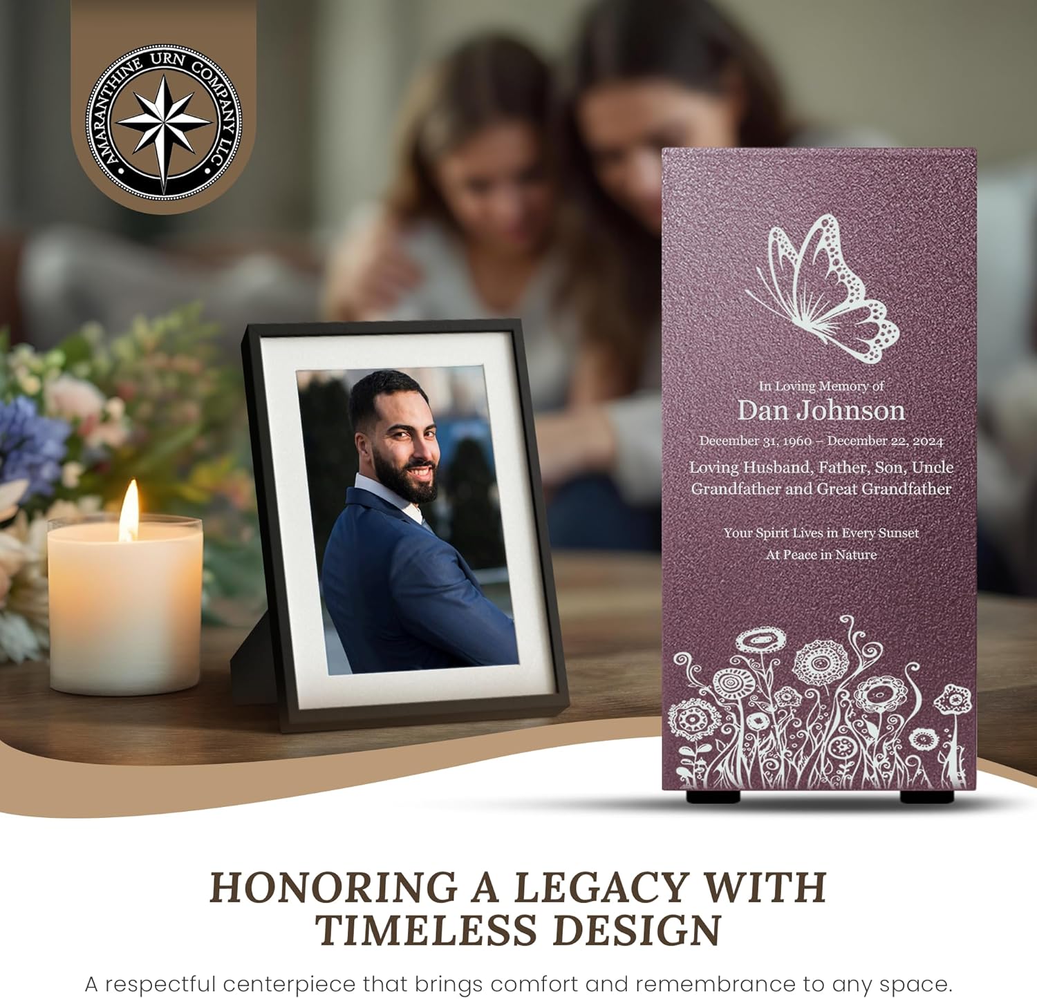 Amaranthine Urn Decorative Cremation Urn - Customizable Text Color Base Wildflower Butterfly No Base Made in USA