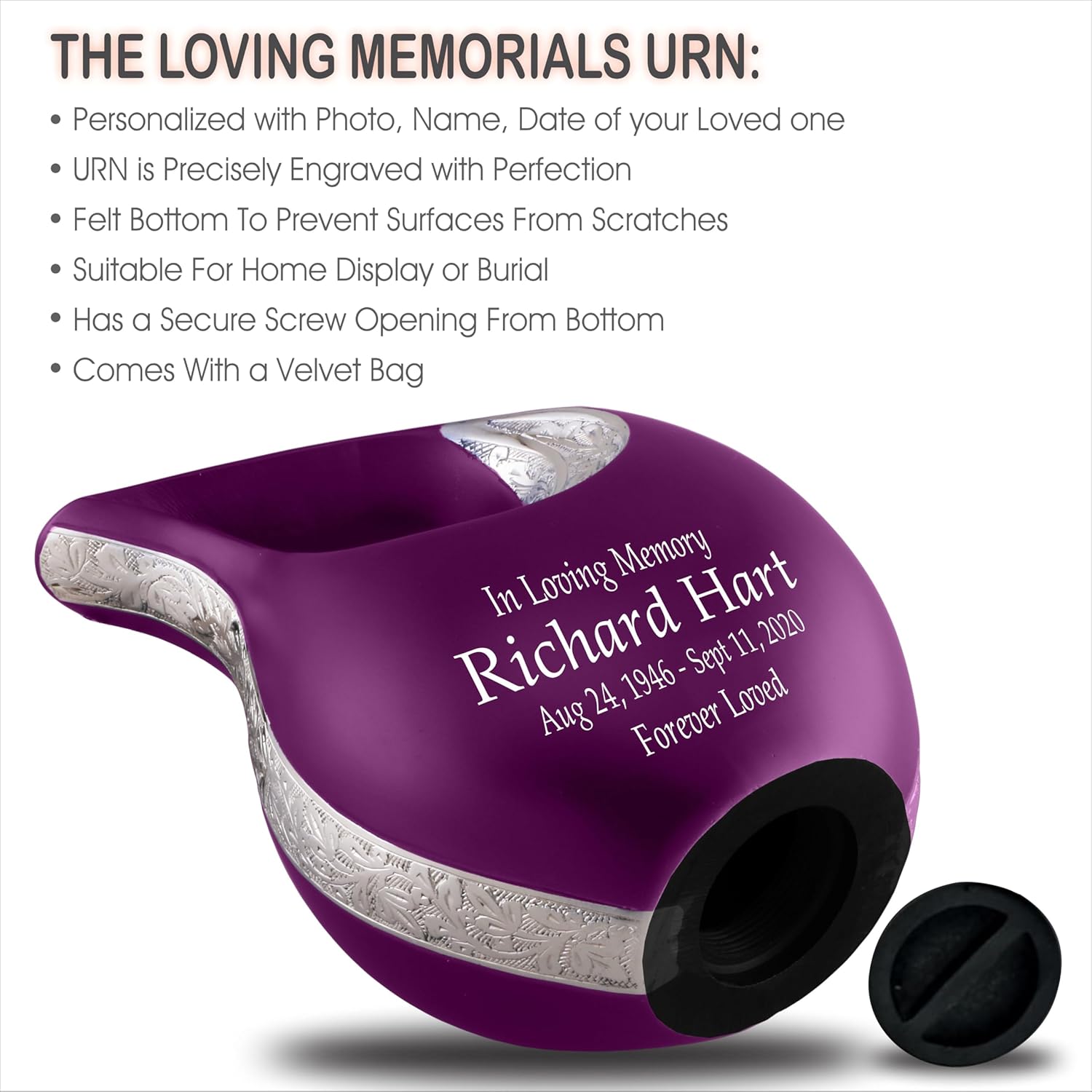Personalized Purple Teardrop Cremation Urn for Adult Ashes - 156 Lbs Burial Urn with Velvet Bag