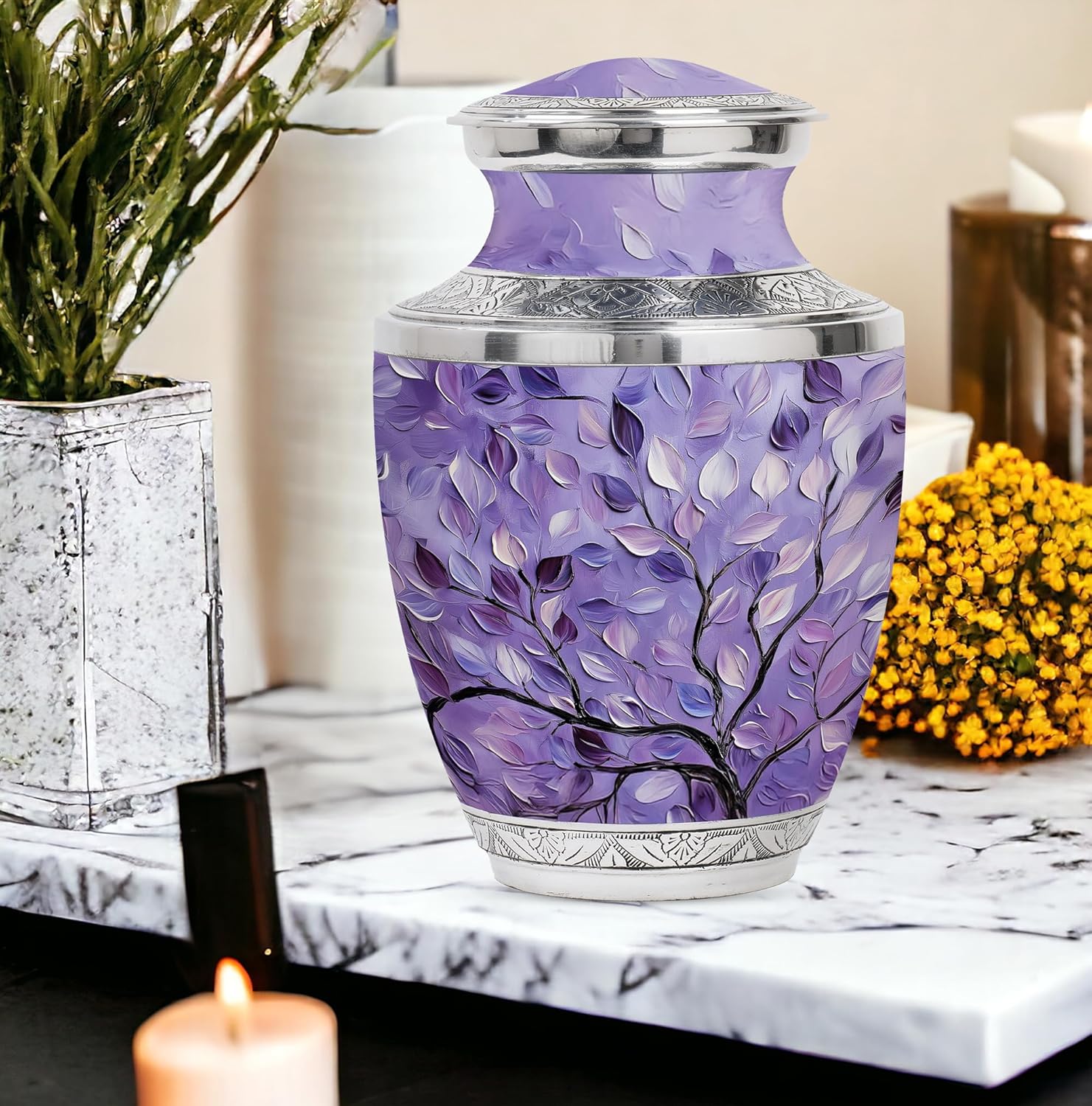 Purple Leaves Cremation Urn for Ashes - 10 Inch Decorative Adult Urn