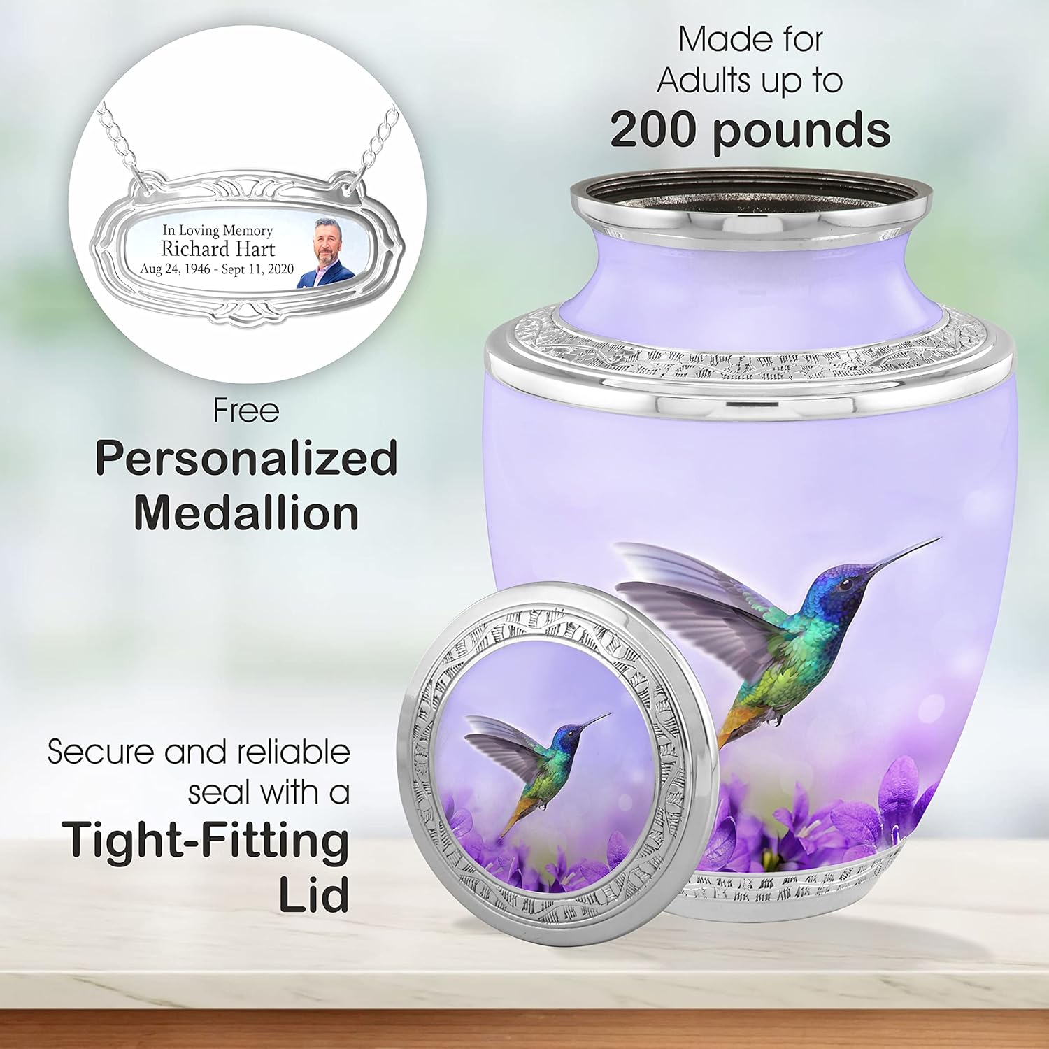 Personalized Hummingbird Flower Cremation Urns for Adult Ashes - 200lbs Capacity Handcrafted Urn with Velvet Bag