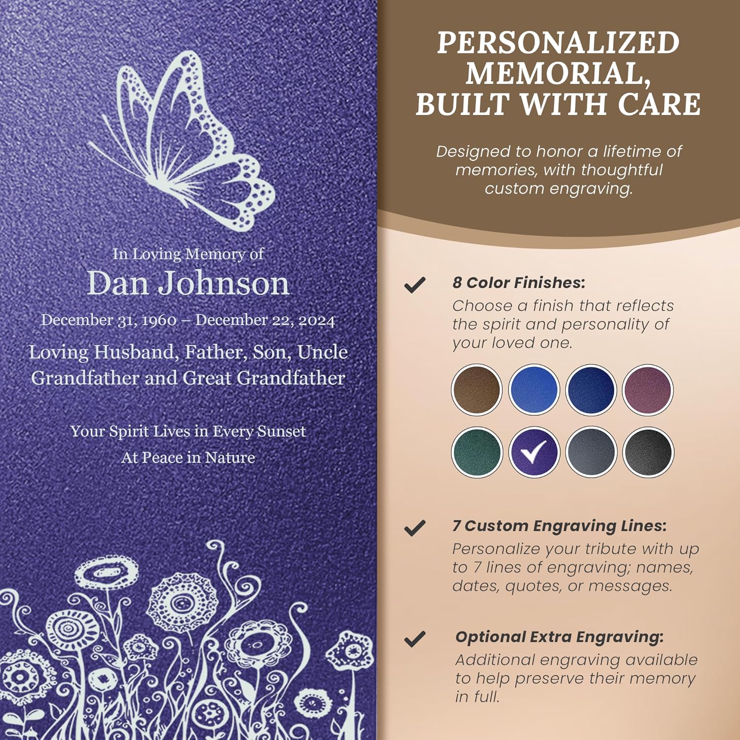 Amaranthine Urn Decorative Cremation Urn - Customizable Text Color Base Wildflower Butterfly No Base Made in USA