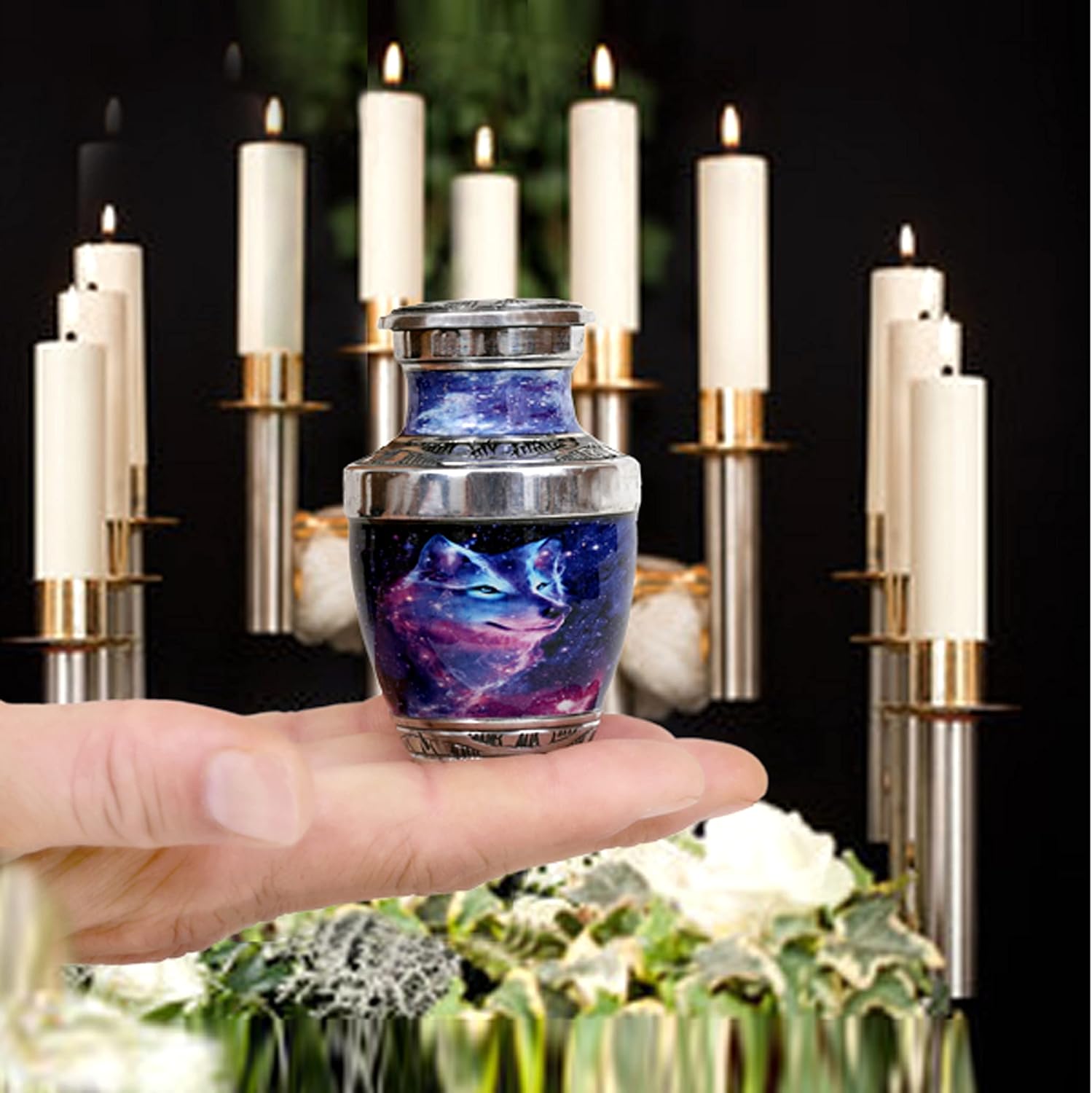 HLC Galaxy Wolf Mini Urn with Velvet Box Bag - Affordable Ashes Keepsake 35 cuin