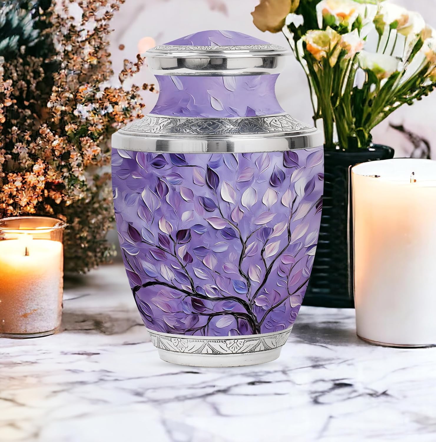Purple Leaves Cremation Urn for Ashes - 10 Inch Decorative Adult Urn