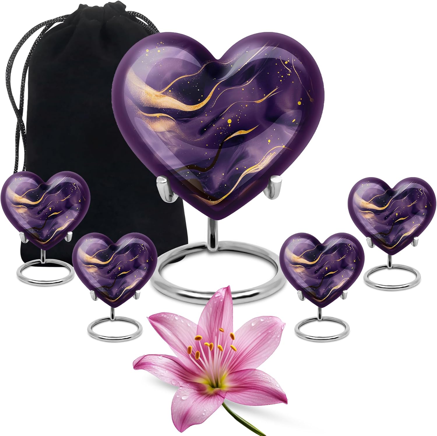 Dark Purple and Gold Design Large Urn for Ashes - 10 Inch 200Lbs and 3 Inch 4 Keepsake Urns Set