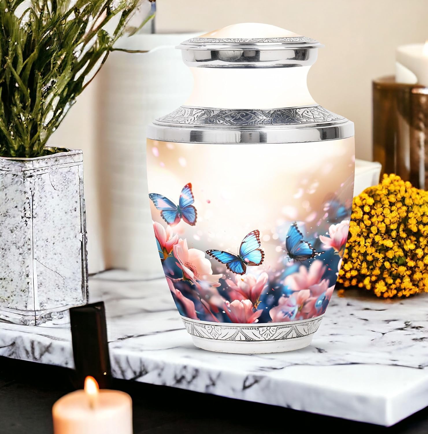 Butterflies in Blossoms Decorative Urns Set - 10 Inch Funeral Urn with 2 Mini Keepsake Urns