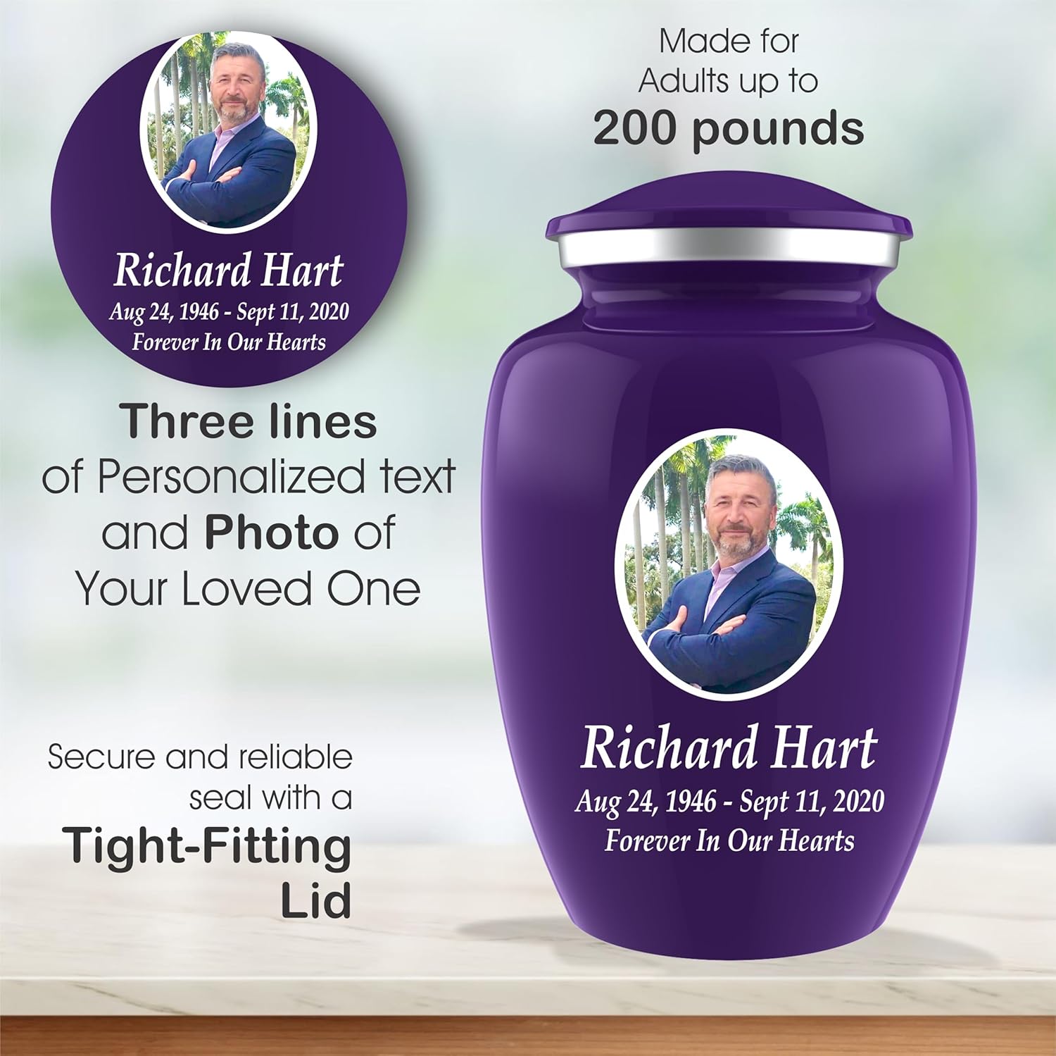 Personalized Photo Cremation Urn for Adult Ashes - 200lbs Custom Burial Urn with Engraving and Velvet Bag Purple