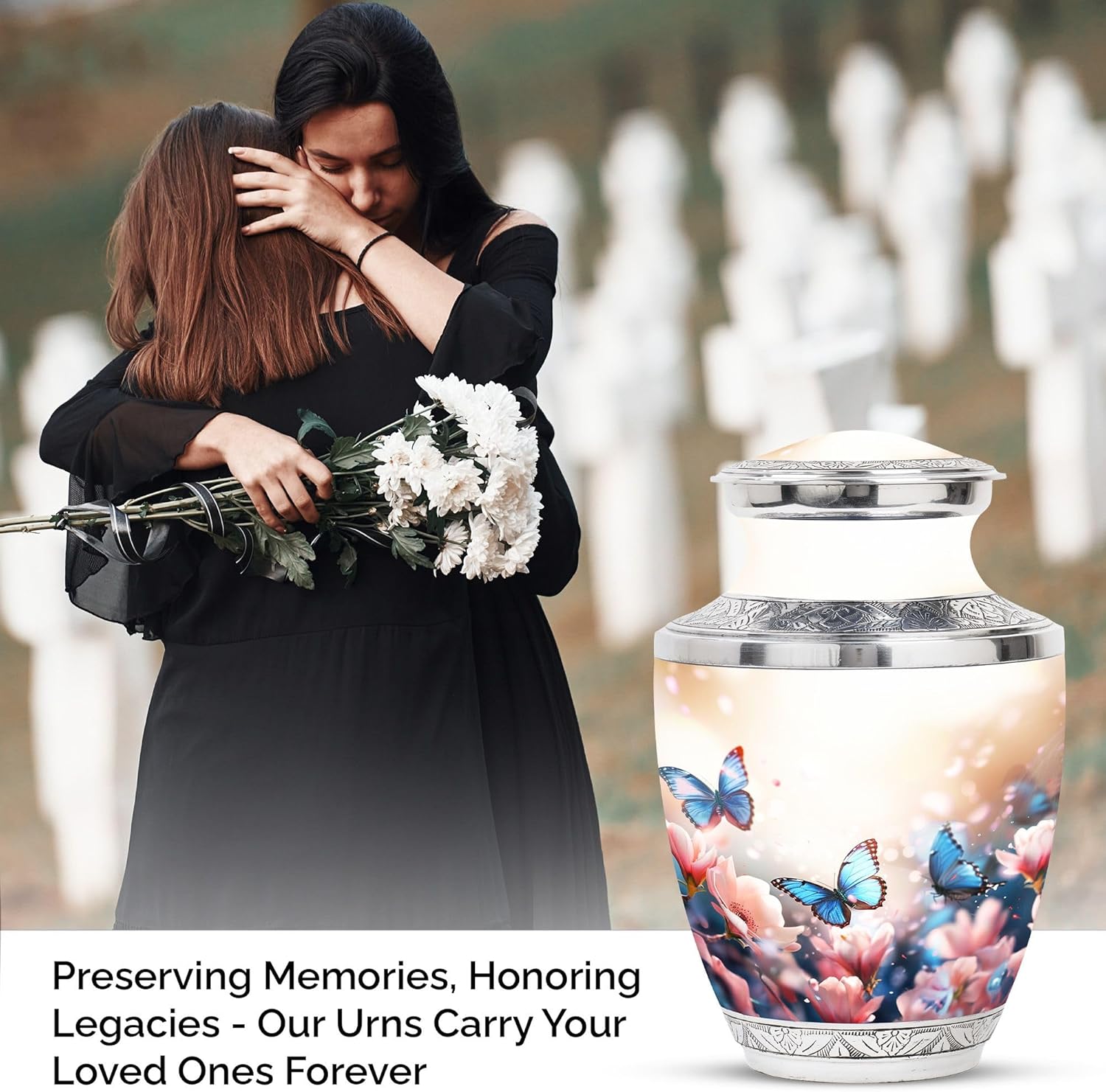 Butterflies in Blossoms Decorative Urns Set - 10 Inch Funeral Urn with 2 Mini Keepsake Urns