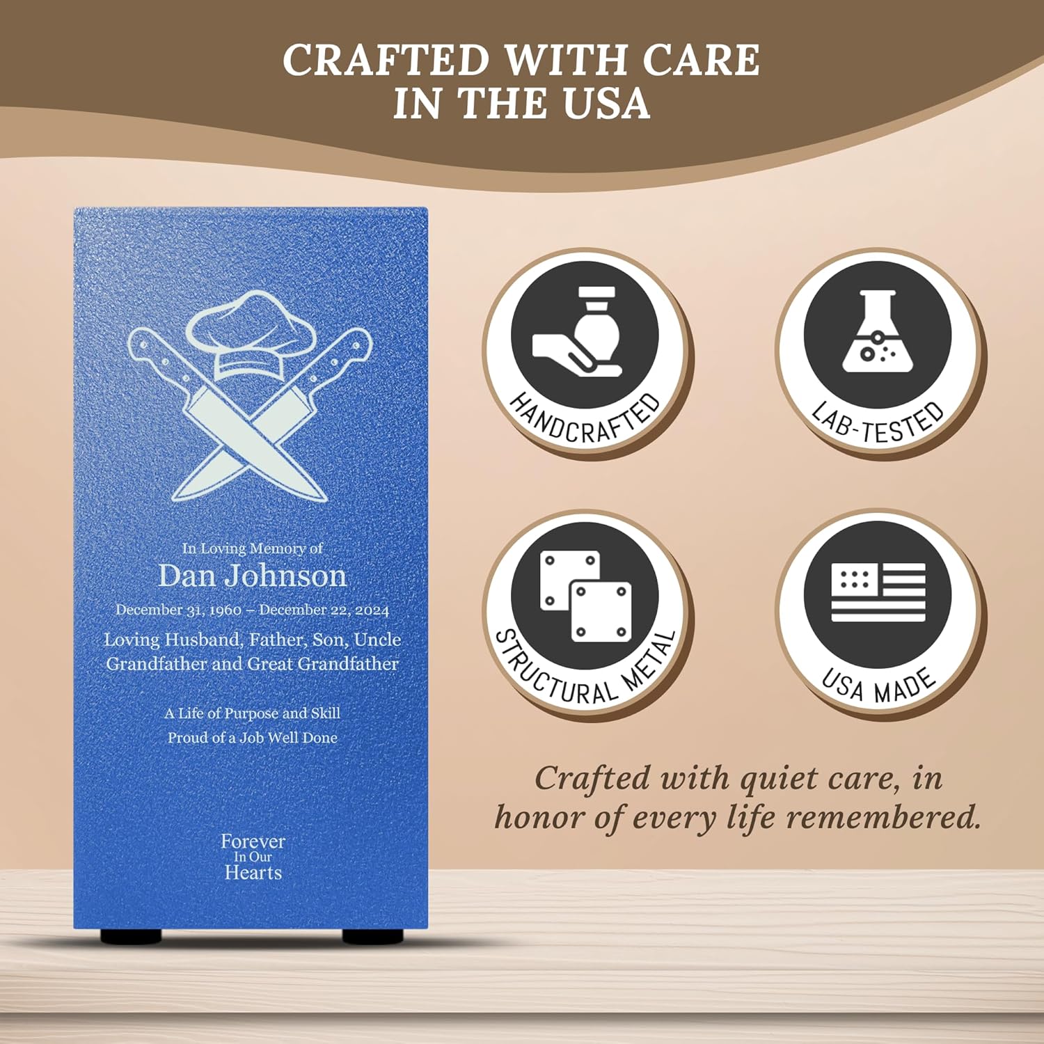 Customizable Cremation Urn with Chef Design - Metal Urn for Human Ashes Made in USA