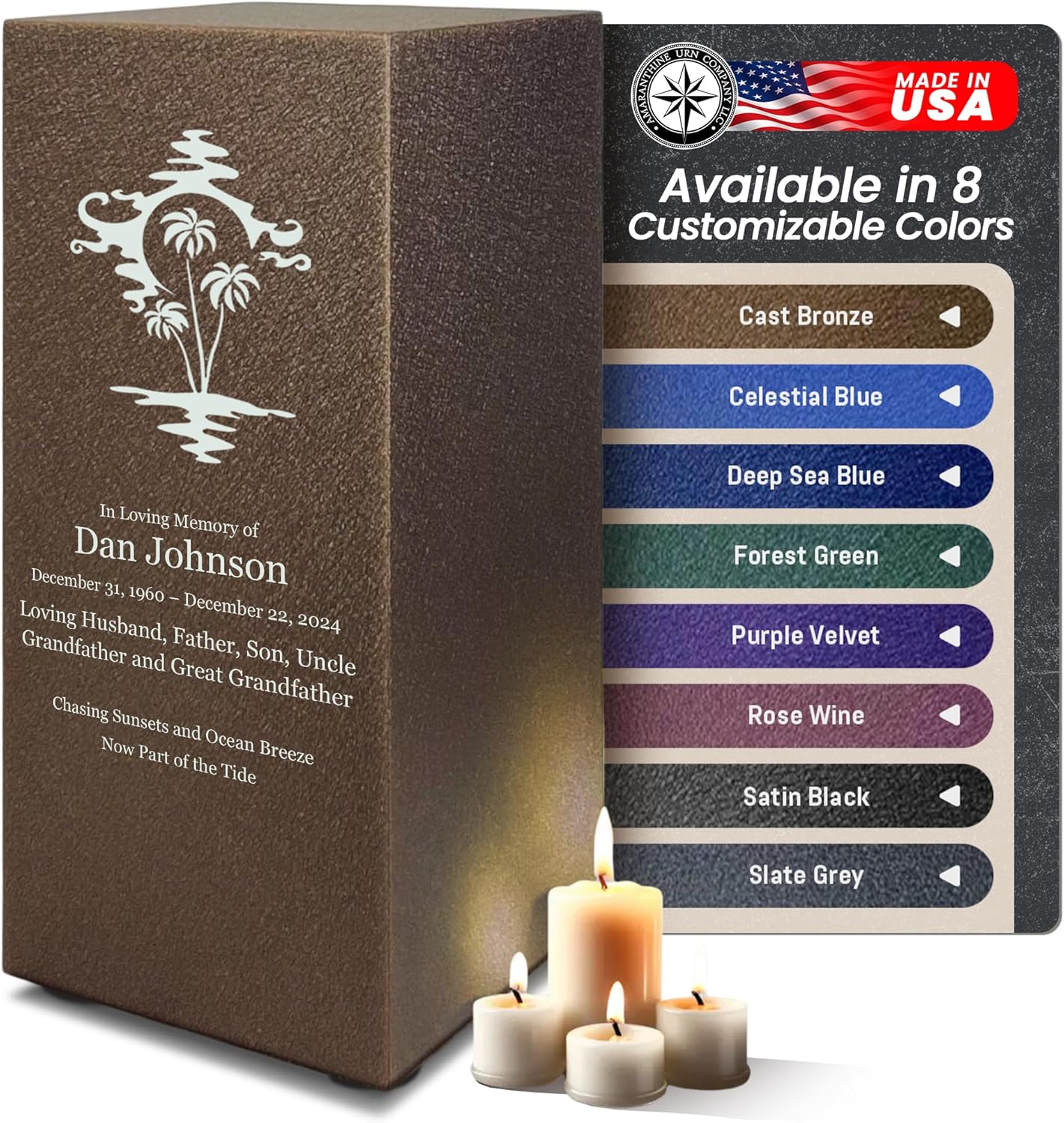 Amaranthine Urn Decorative Cremation Urn for Human Ashes - Customizable Text Color and Base