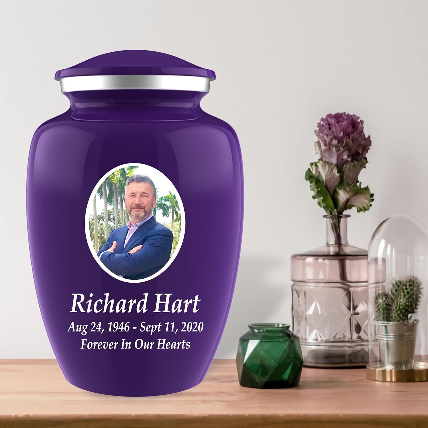 Personalized Photo Cremation Urn for Adult Ashes - 200lbs Custom Burial Urn with Engraving and Velvet Bag Purple