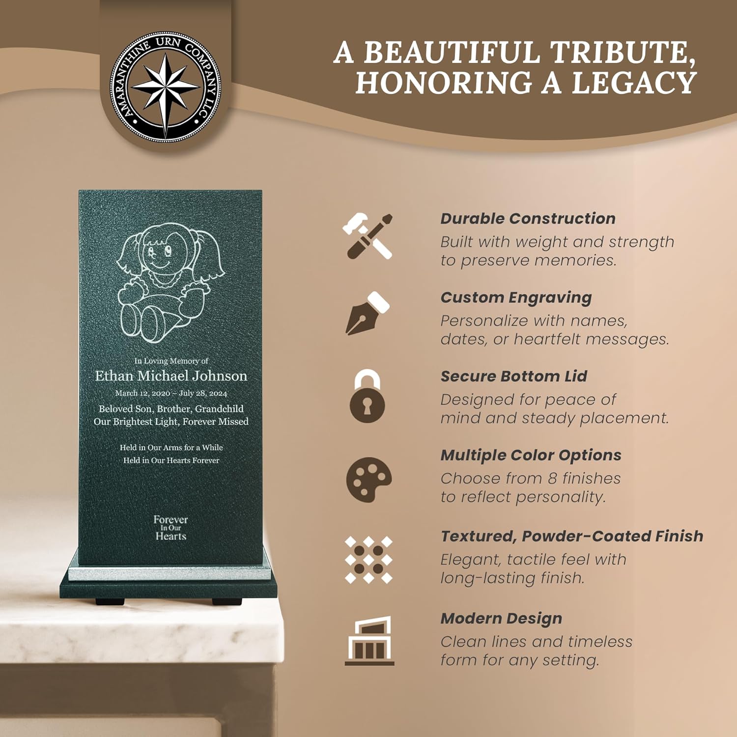 Amaranthine Urn Decorative Cremation Urn for Human Ashes - Customizable Text Color Base