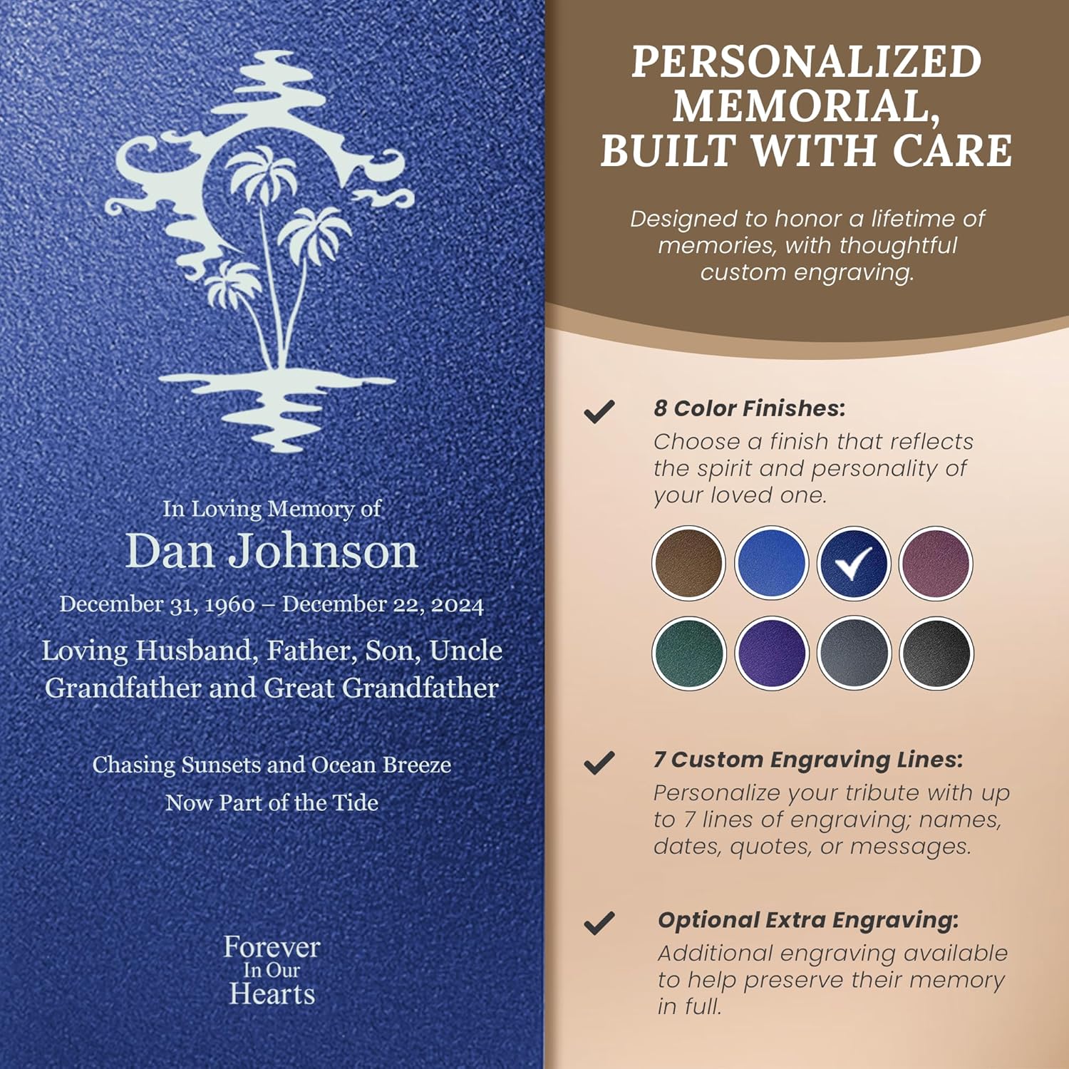 Amaranthine Urn Decorative Cremation Urn for Human Ashes - Customizable Text Color and Base