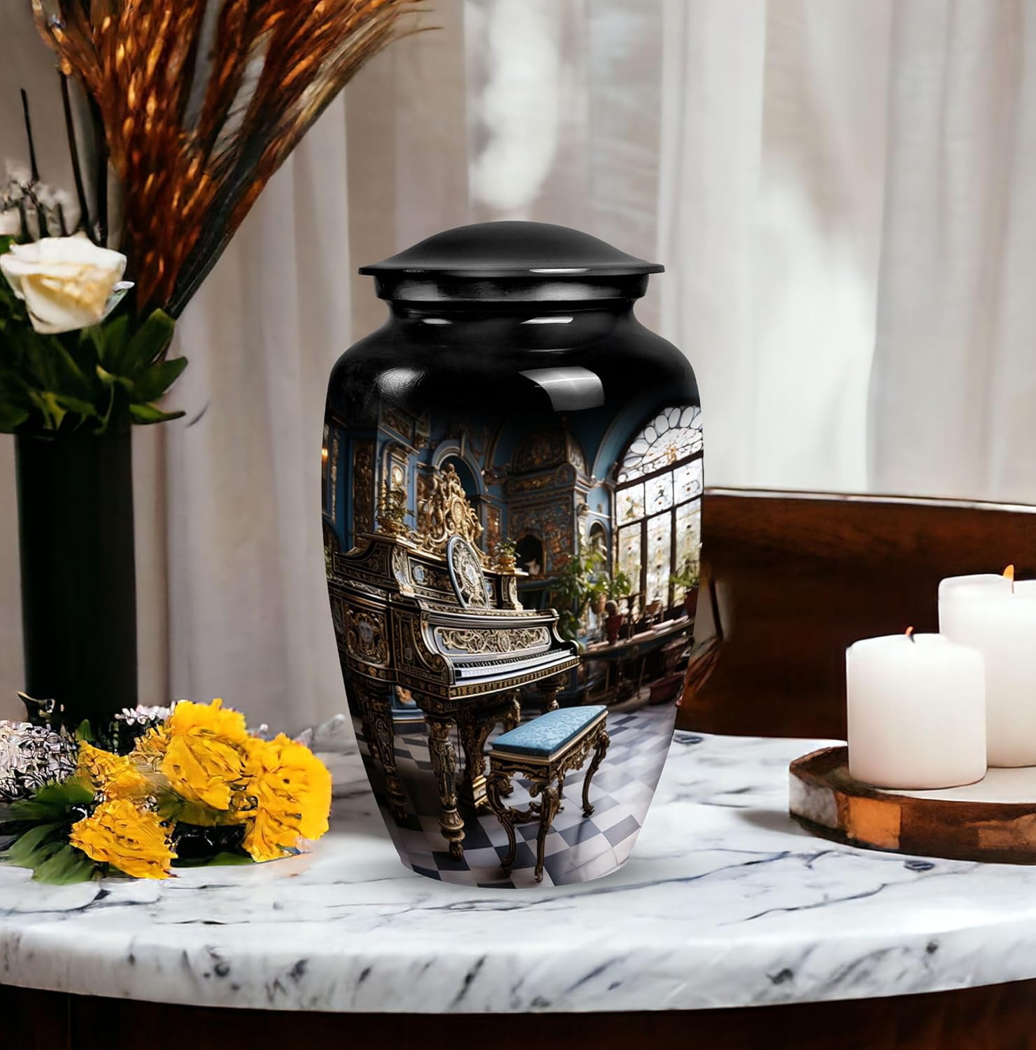 Piano Beautiful Look Cremation Urn 10 Inch Black Decorative Urn for Dad and Mom