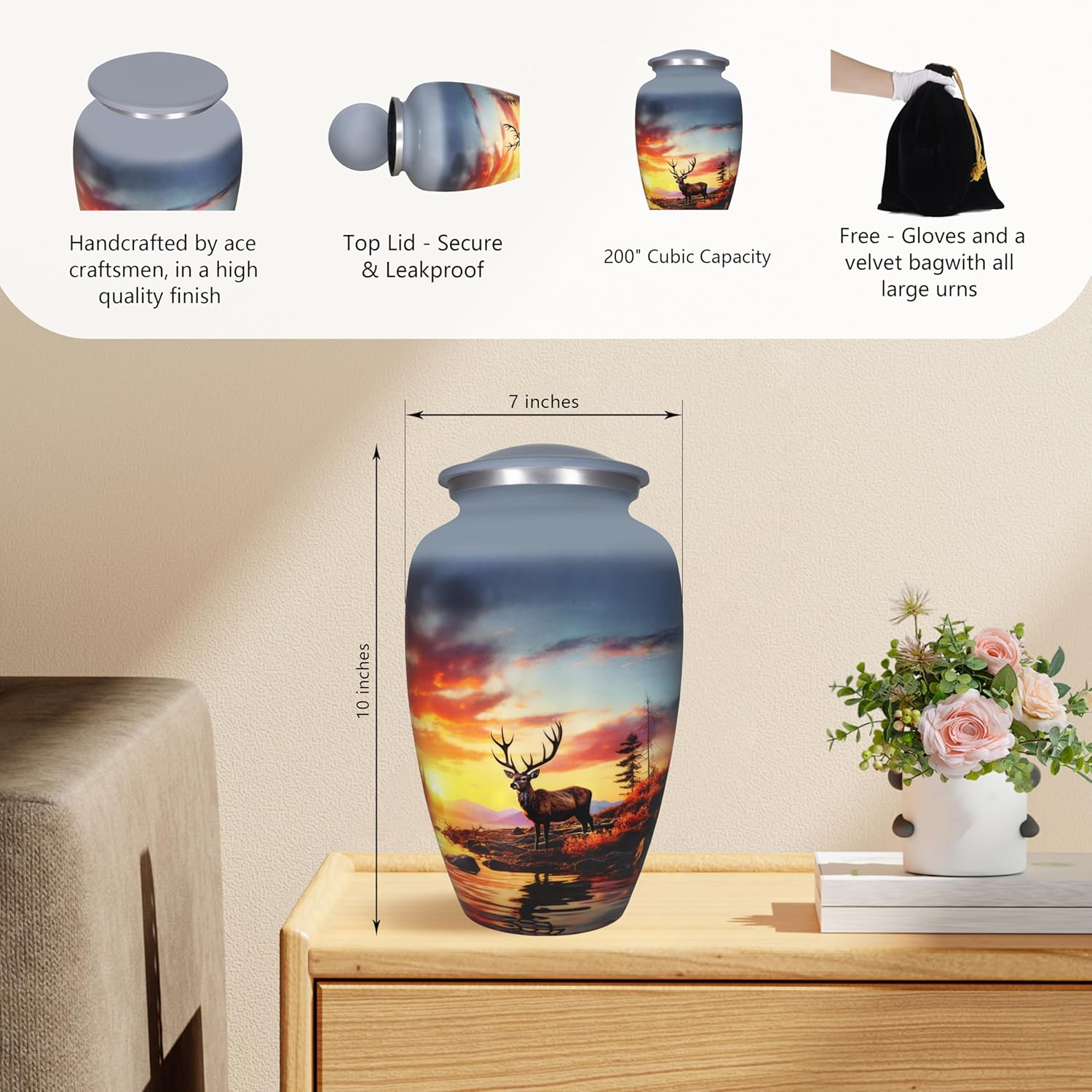 M MEILINXU Decorative Urn with Deer Design Forest and Grey Sky - Full Size