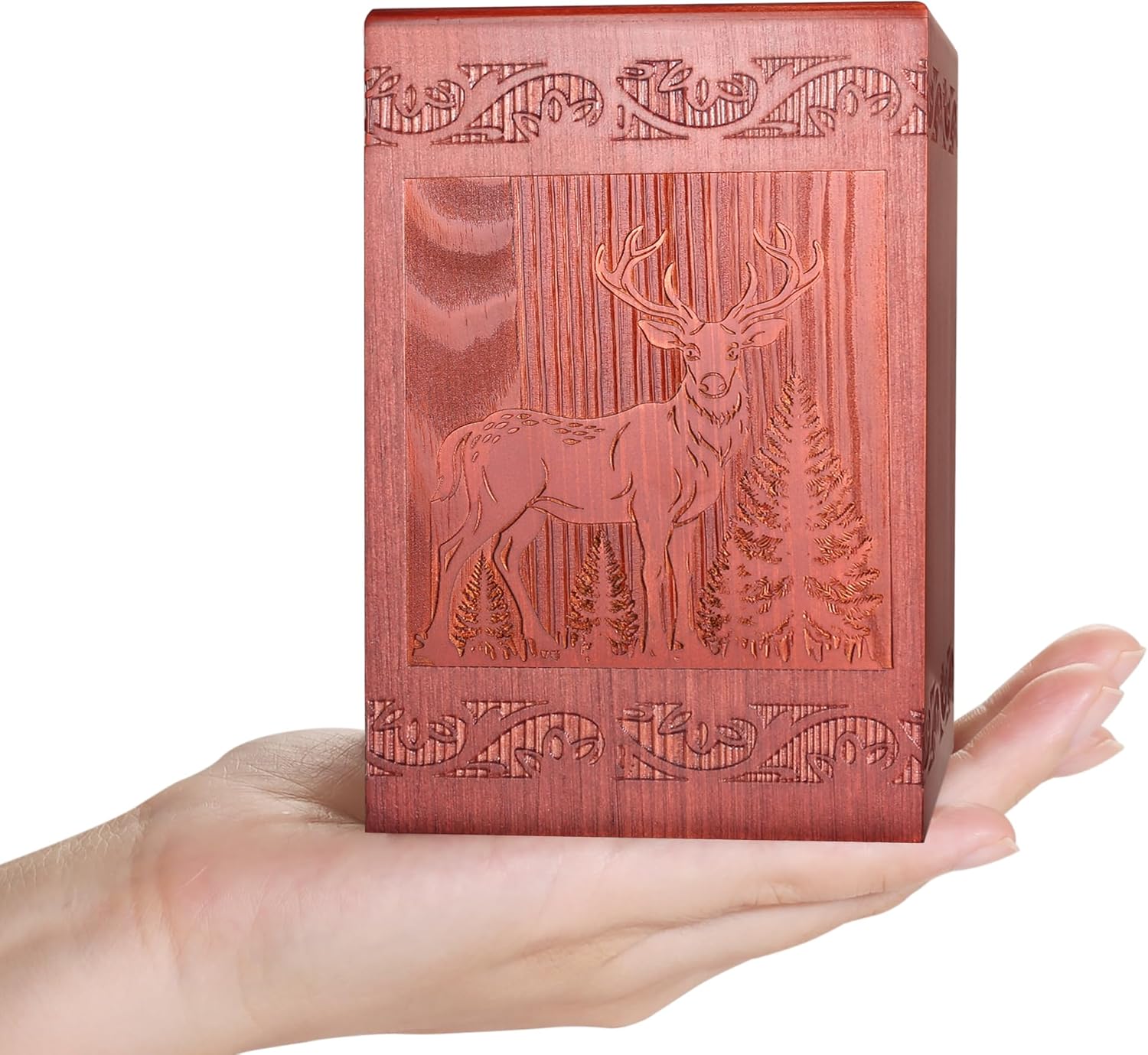Wooden Cremation Urn for Human Handmade Engraved Deer Decorative Box