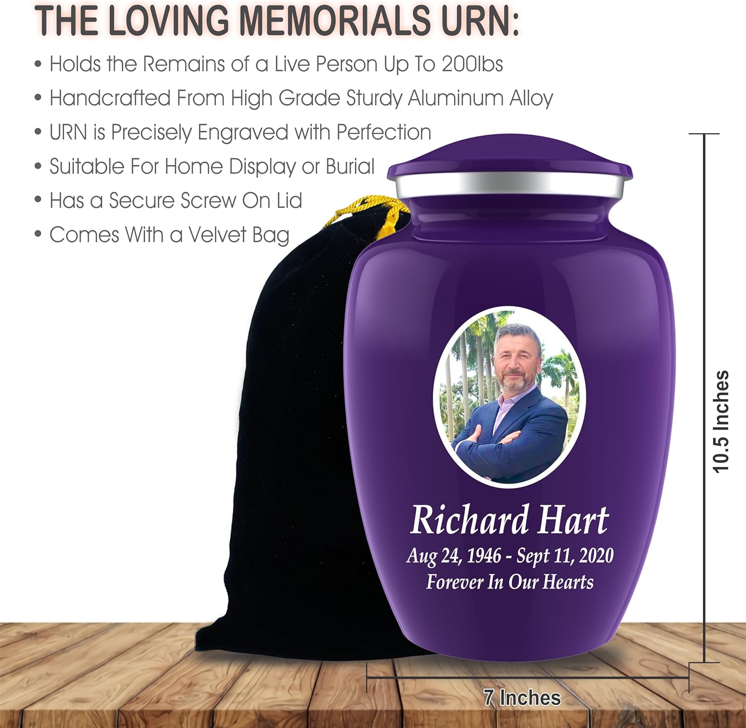 Personalized Photo Cremation Urn for Adult Ashes - 200lbs Custom Burial Urn with Engraving and Velvet Bag Purple