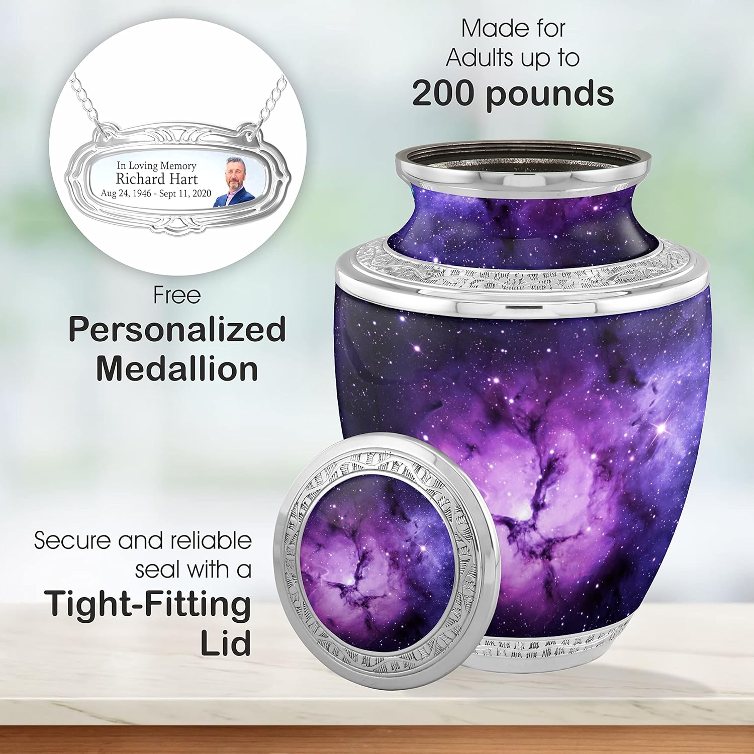 Personalized Purple Nebula Galaxy Cremation Urn for Adult Ashes - 200lbs Burial Urn with Velvet Bag