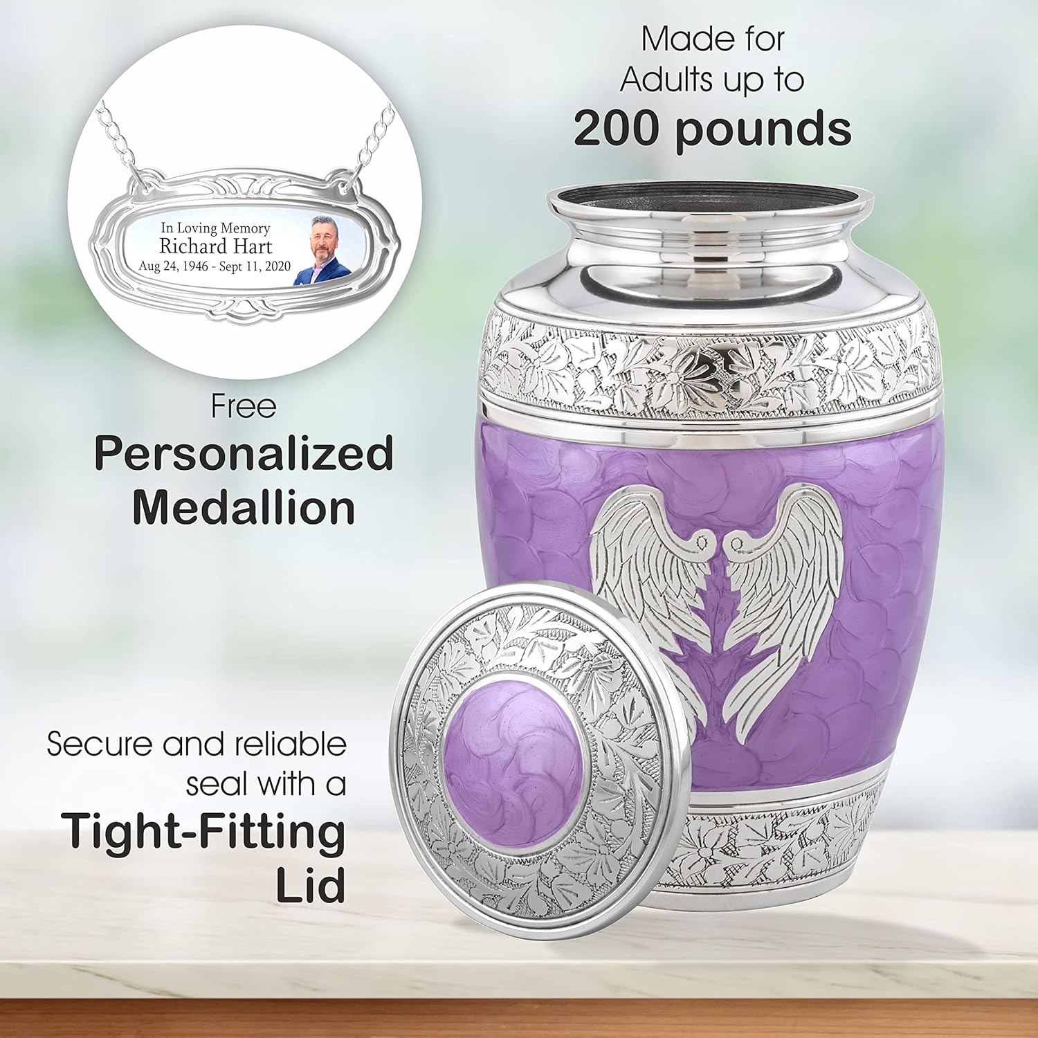 Personalized Purple Angel Wings Cremation Urn for Adult Ashes - 200lbs Handcrafted Decorative Urn with Velvet Bag